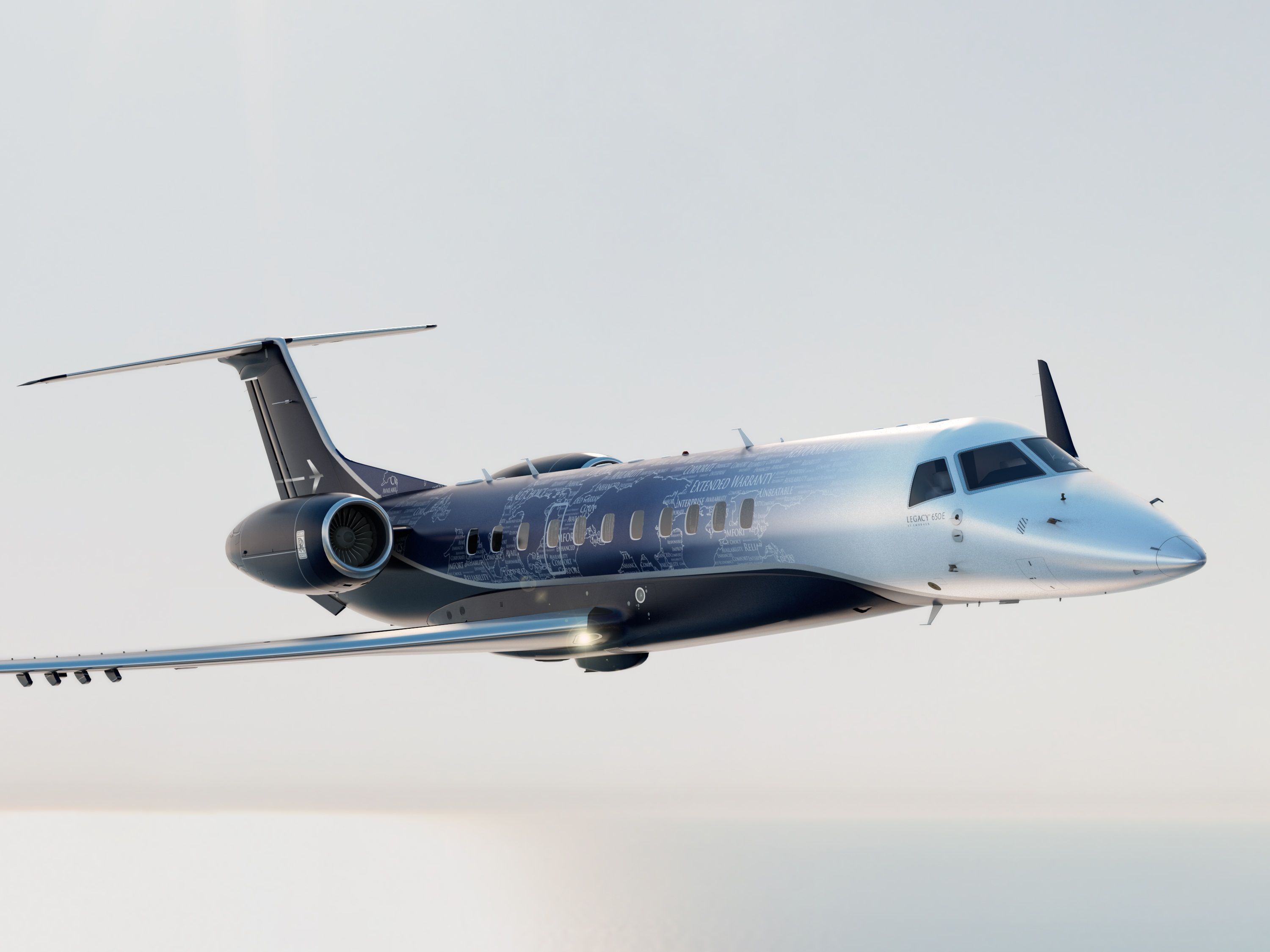 An Embraer Legacy 650E flying in the sky.