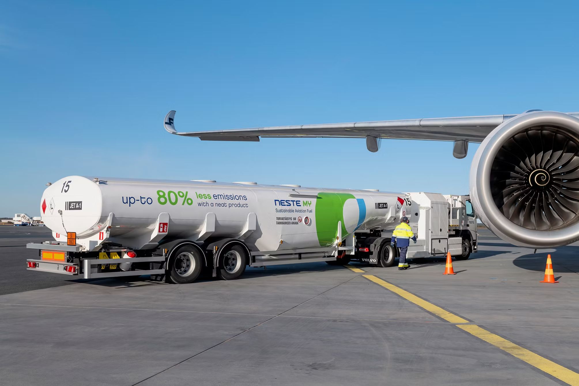 A Neste Sustainable Aviation Fuel Tanker parked next to an aircraft.