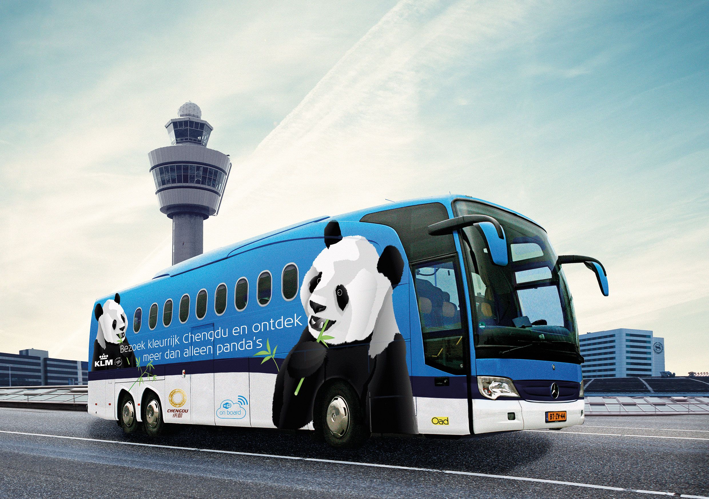 A KLM Bus with pandas drawn in a cooperation with the city of Chengdu, China. 