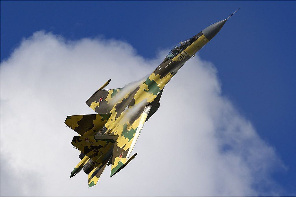 A Russian Air Force Sukhoi Su-35 flying in the sky.