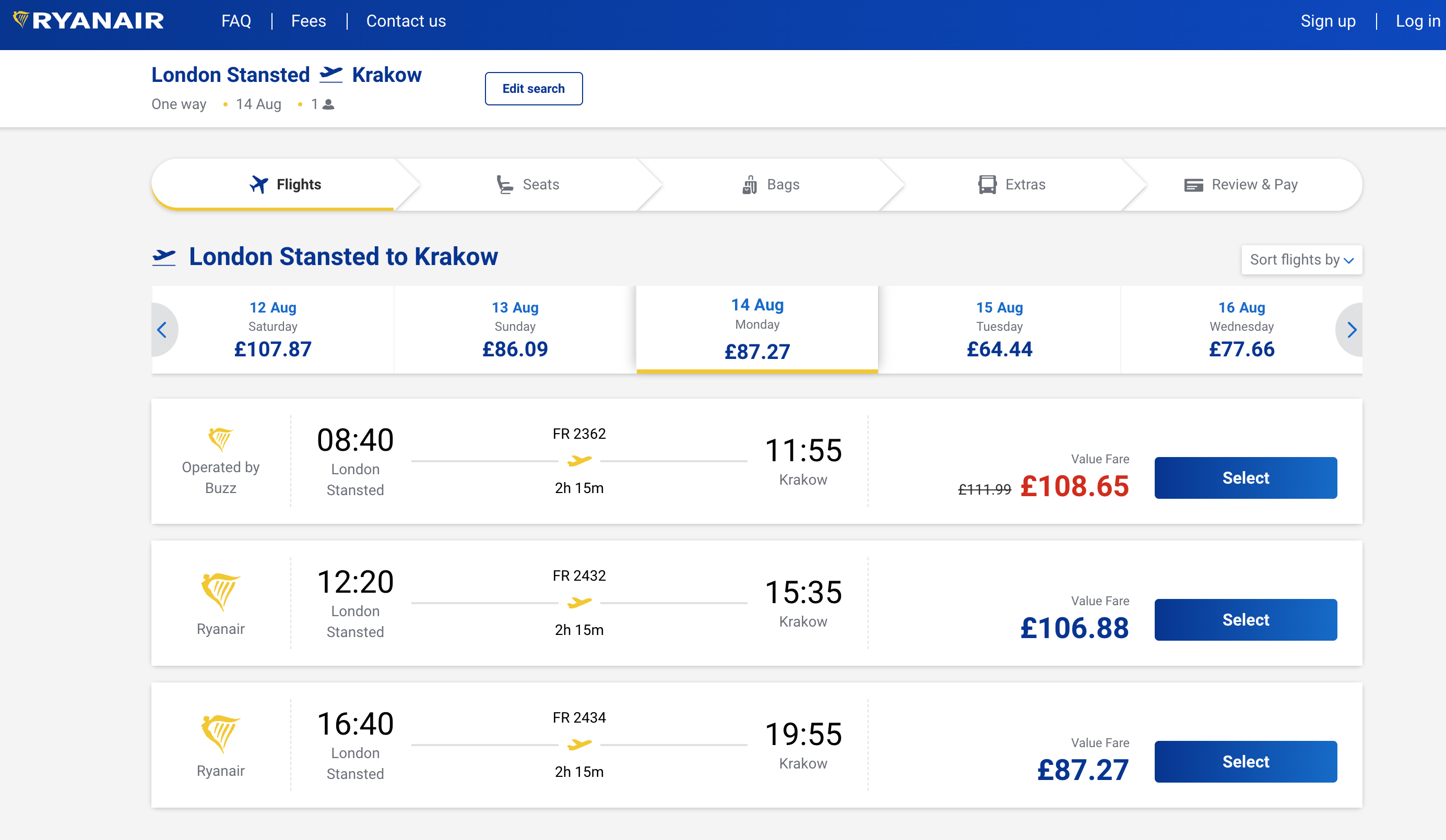A Screenshot from Ryanair's website featuring flights from Ryanair and Buzz.