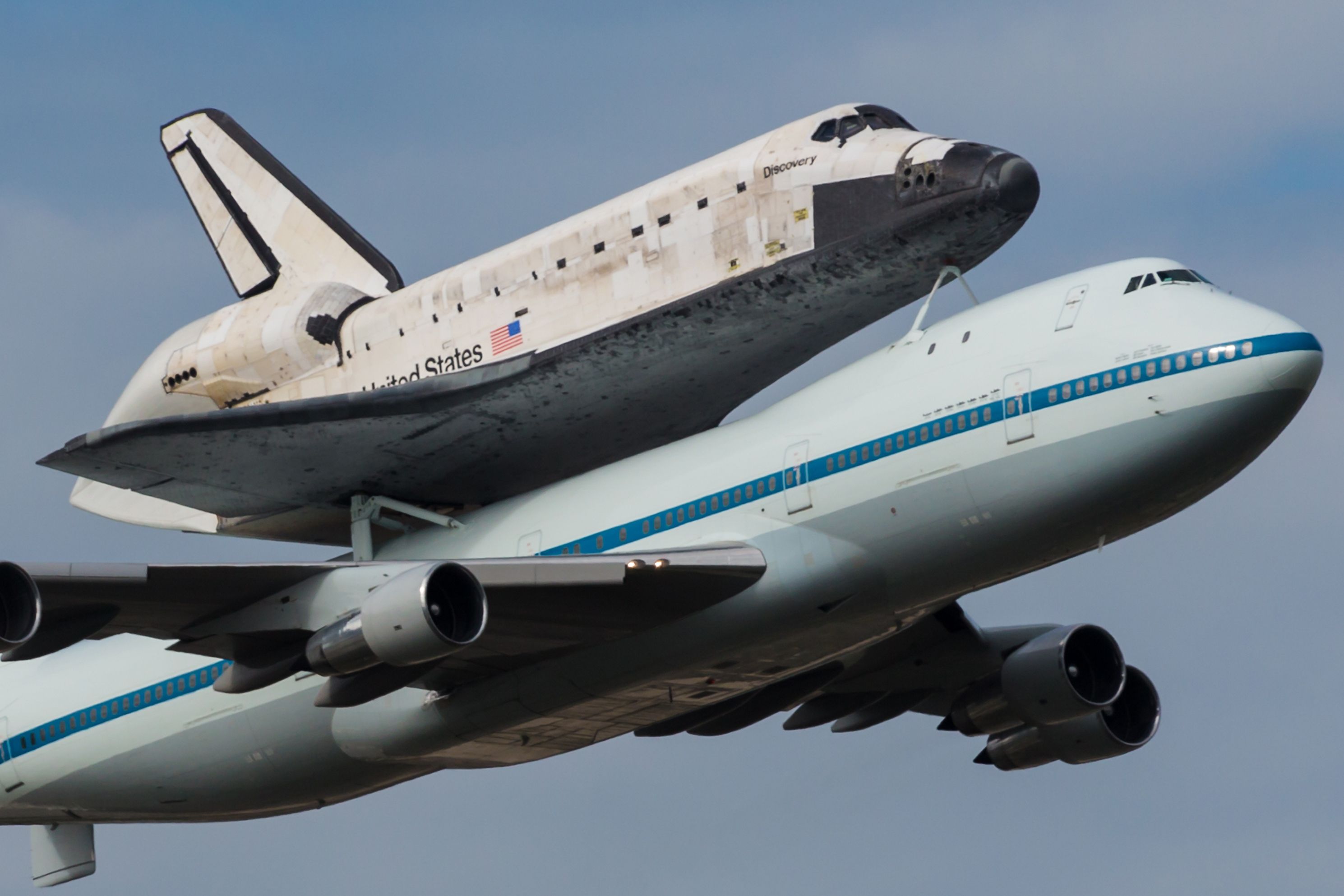 The Space Shuttle Discovery on top of a Boeing 747.