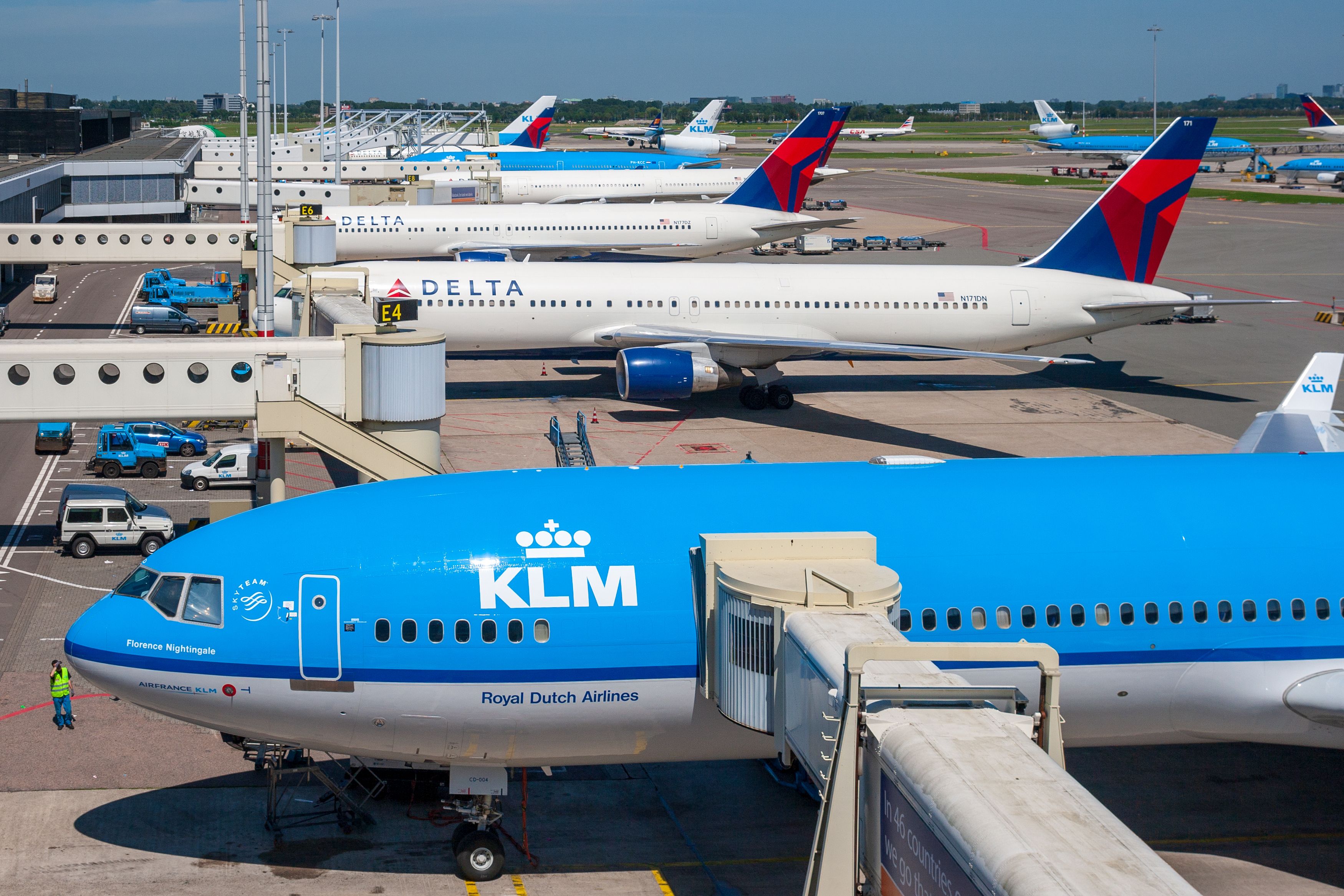 Delta and KLM planes at Amsterdam Airport