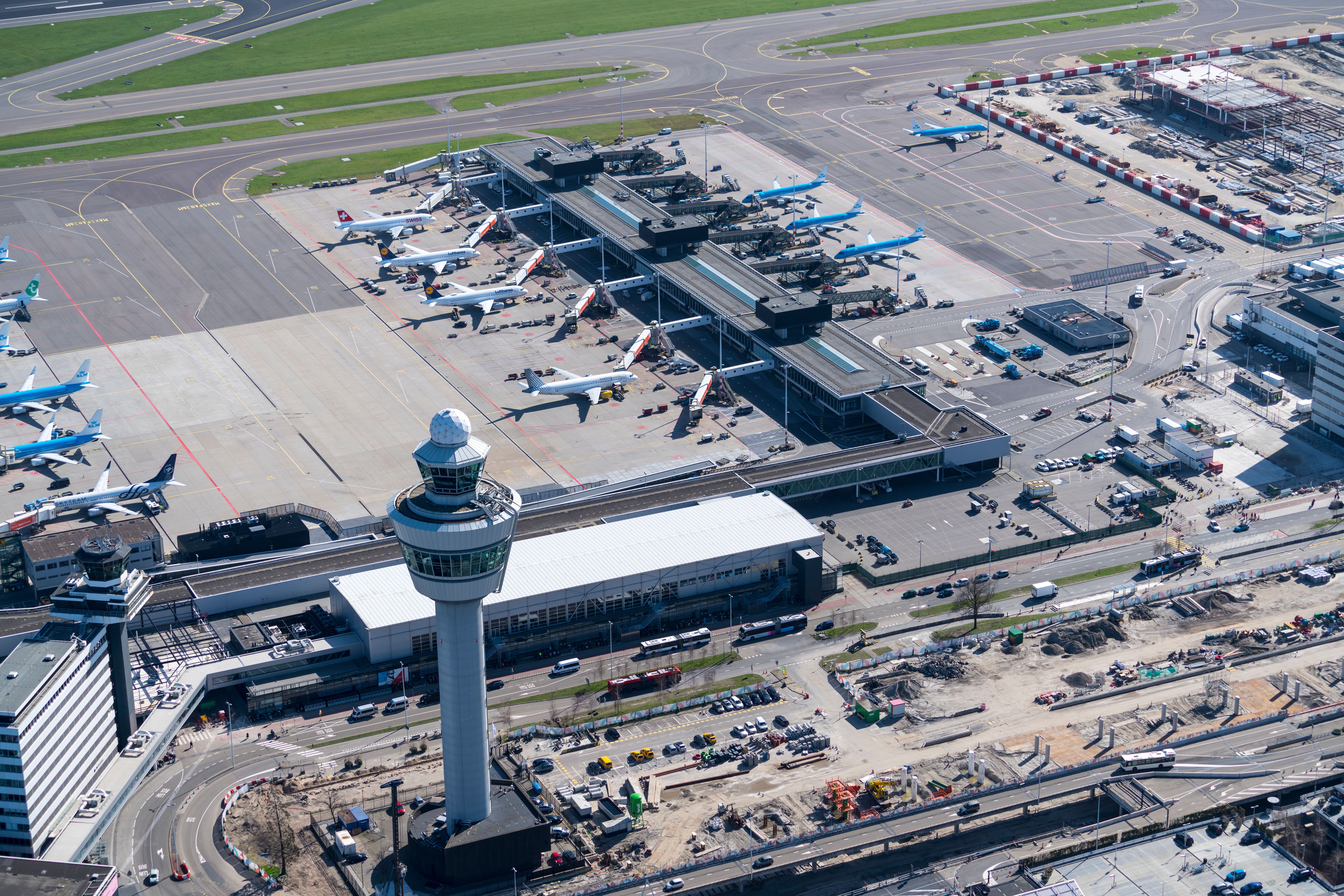 A bird's eye view of Amsterdam Schiphol Airport (AMS).