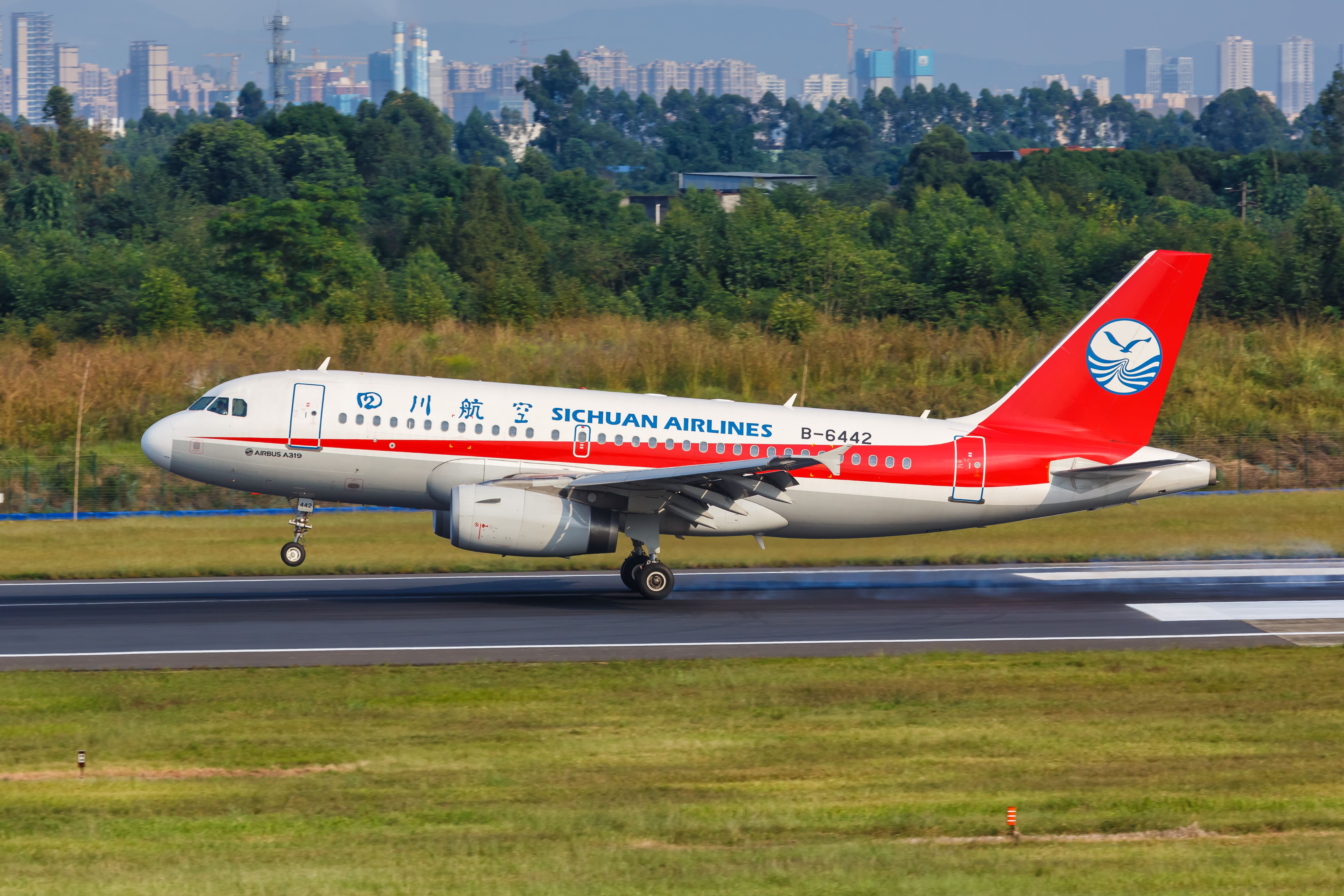 A Sichuan Airlines Airbus A319 airplane at Chengdu airport (CTU) in China