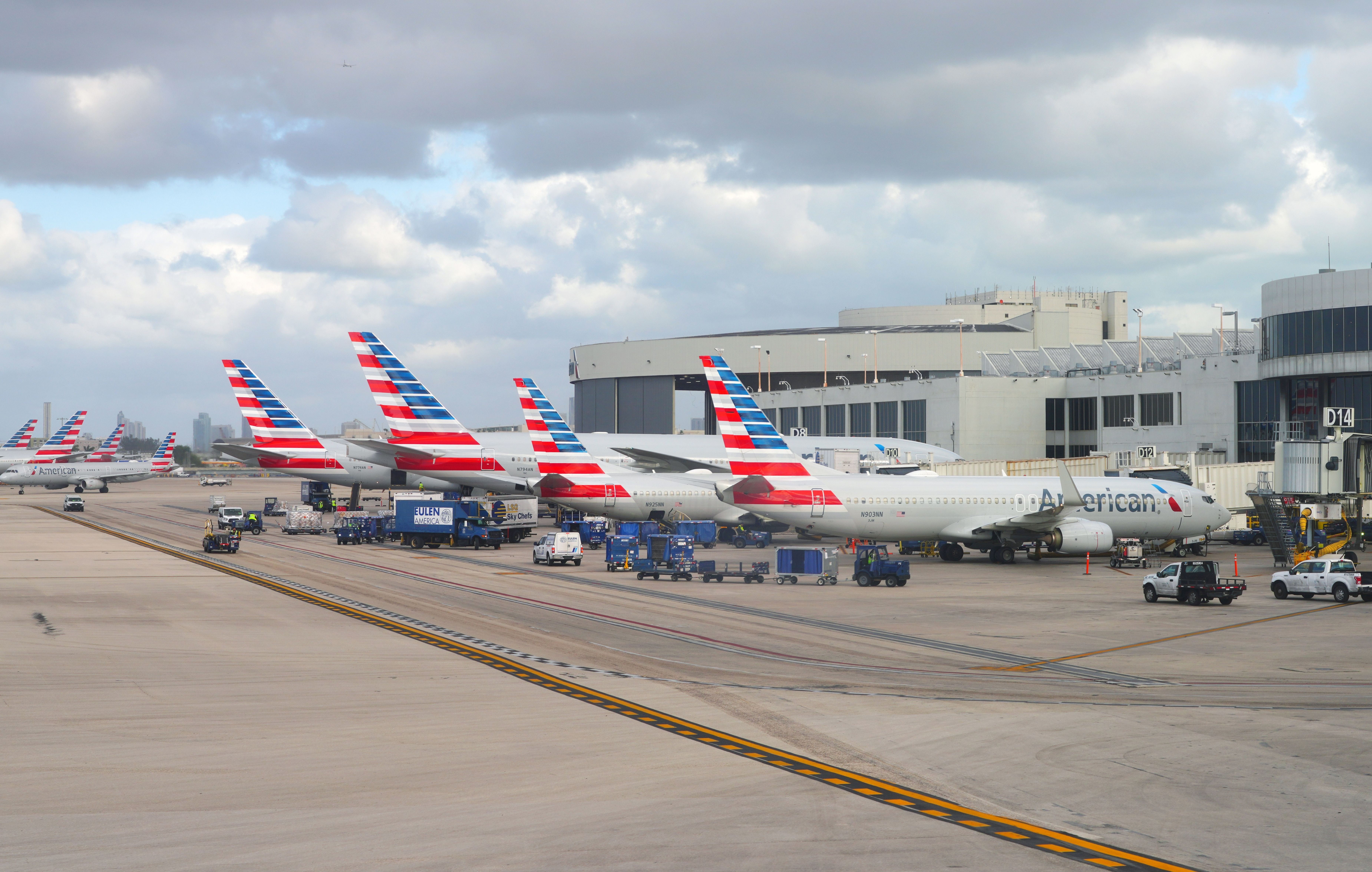 Multiple American Airlines jets lined up at Miami Int'l.