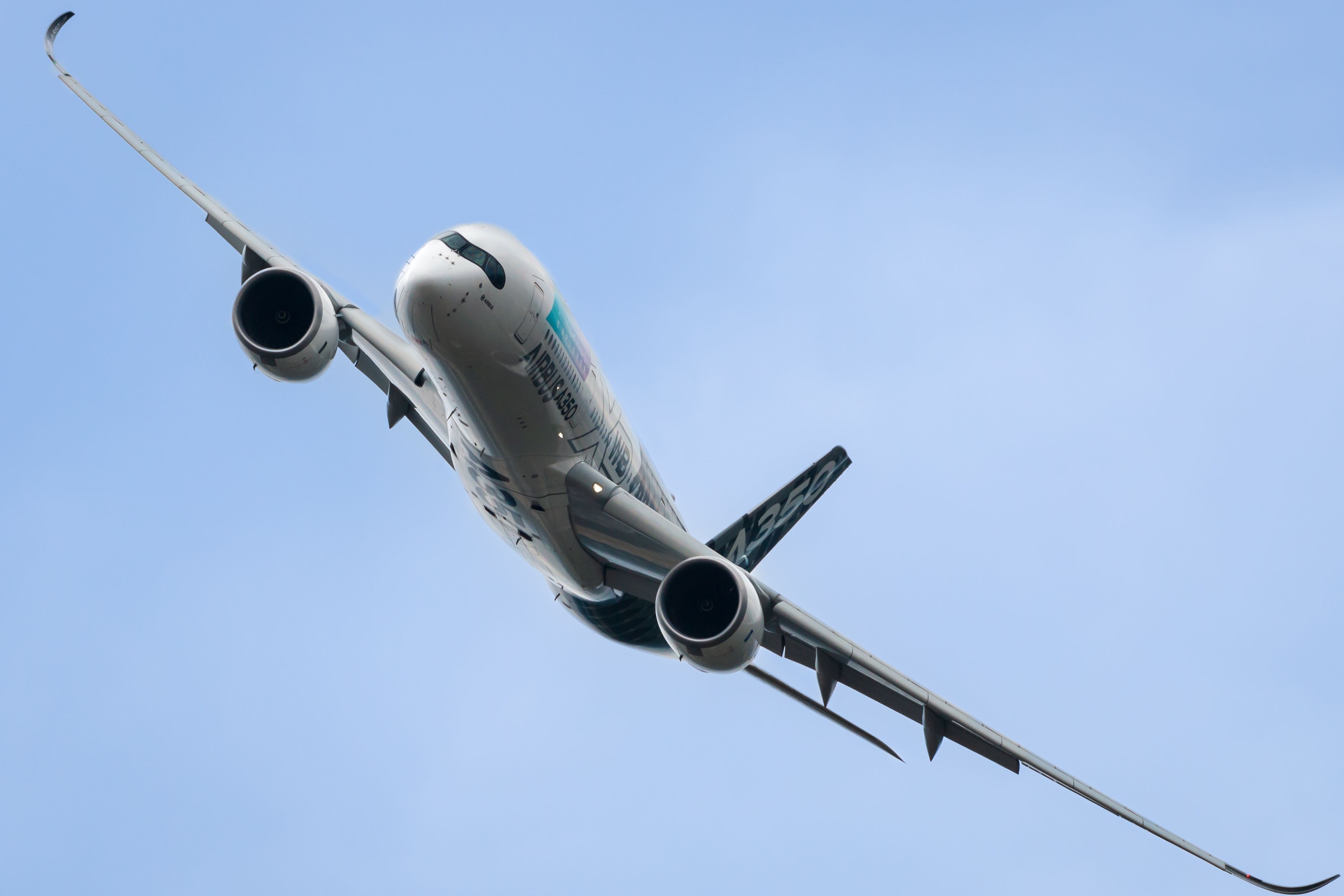 An Airbus A350 in house livery flying in the sky.