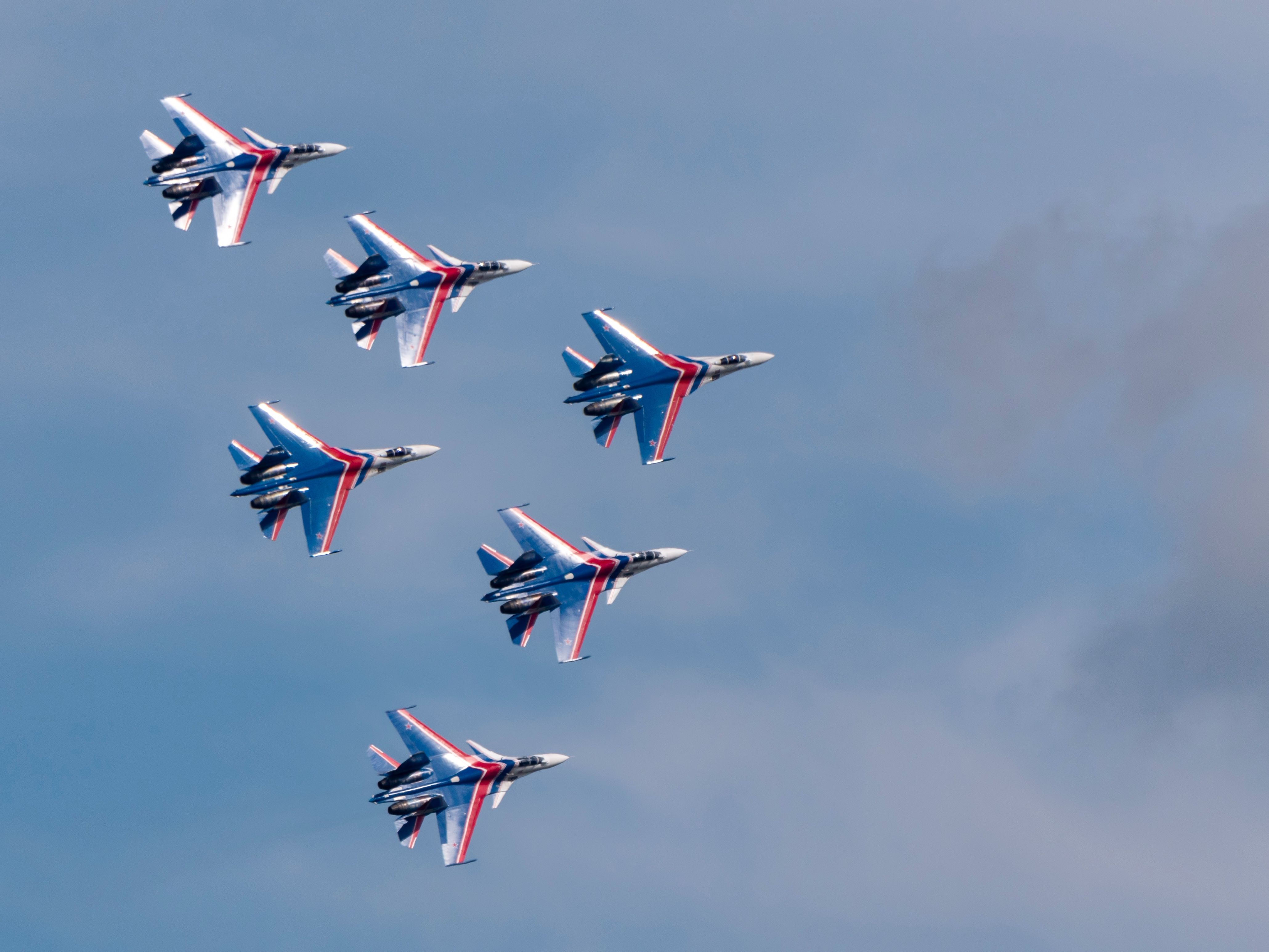 Aerobatic teams Russian Knights on planes Su-35 of the international aerospace salon MAKS-2021