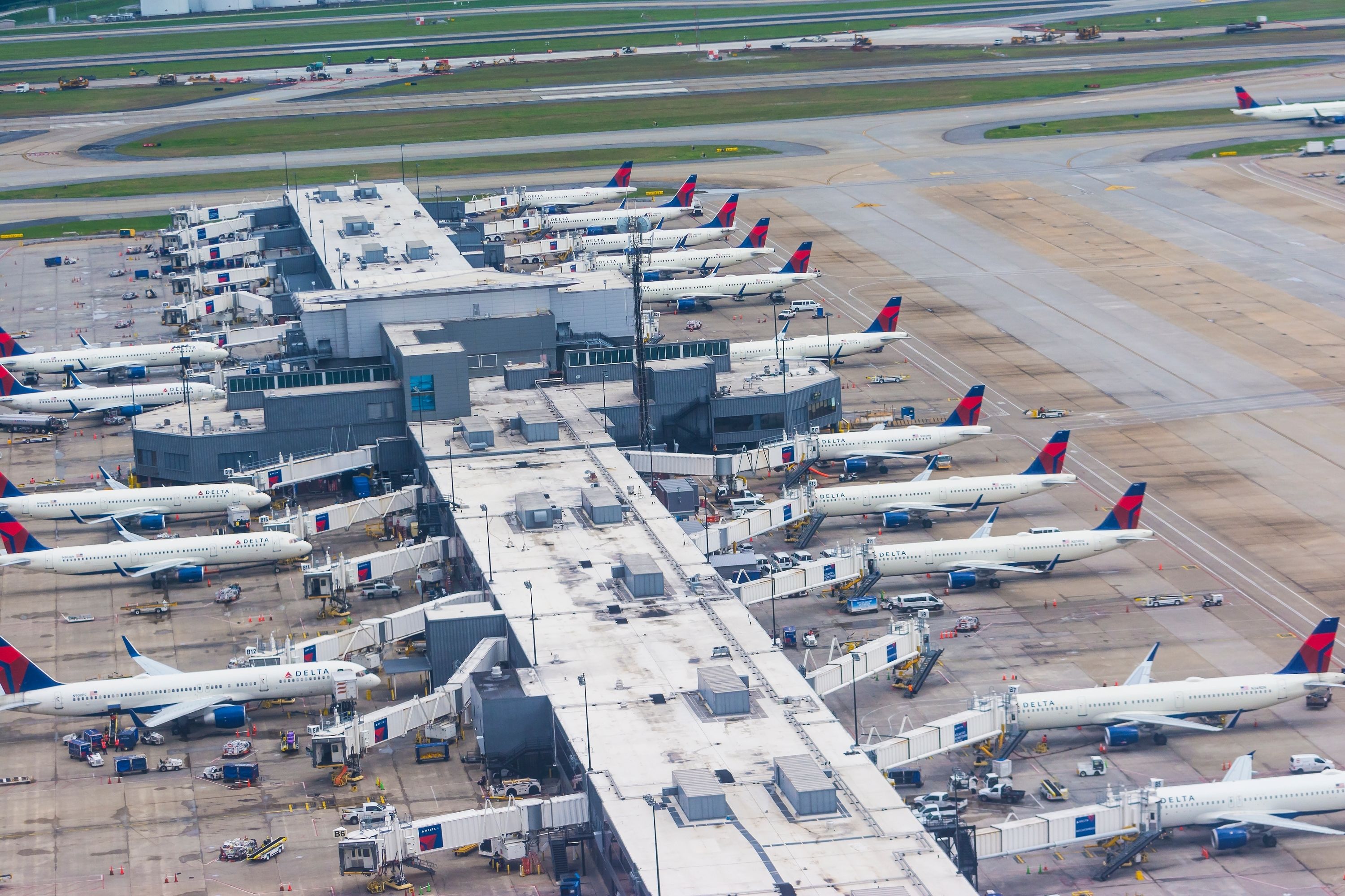 Dozens of Delta Air LInes aircraft parked at Hartsfield-Jackson Atlanta International Airport.