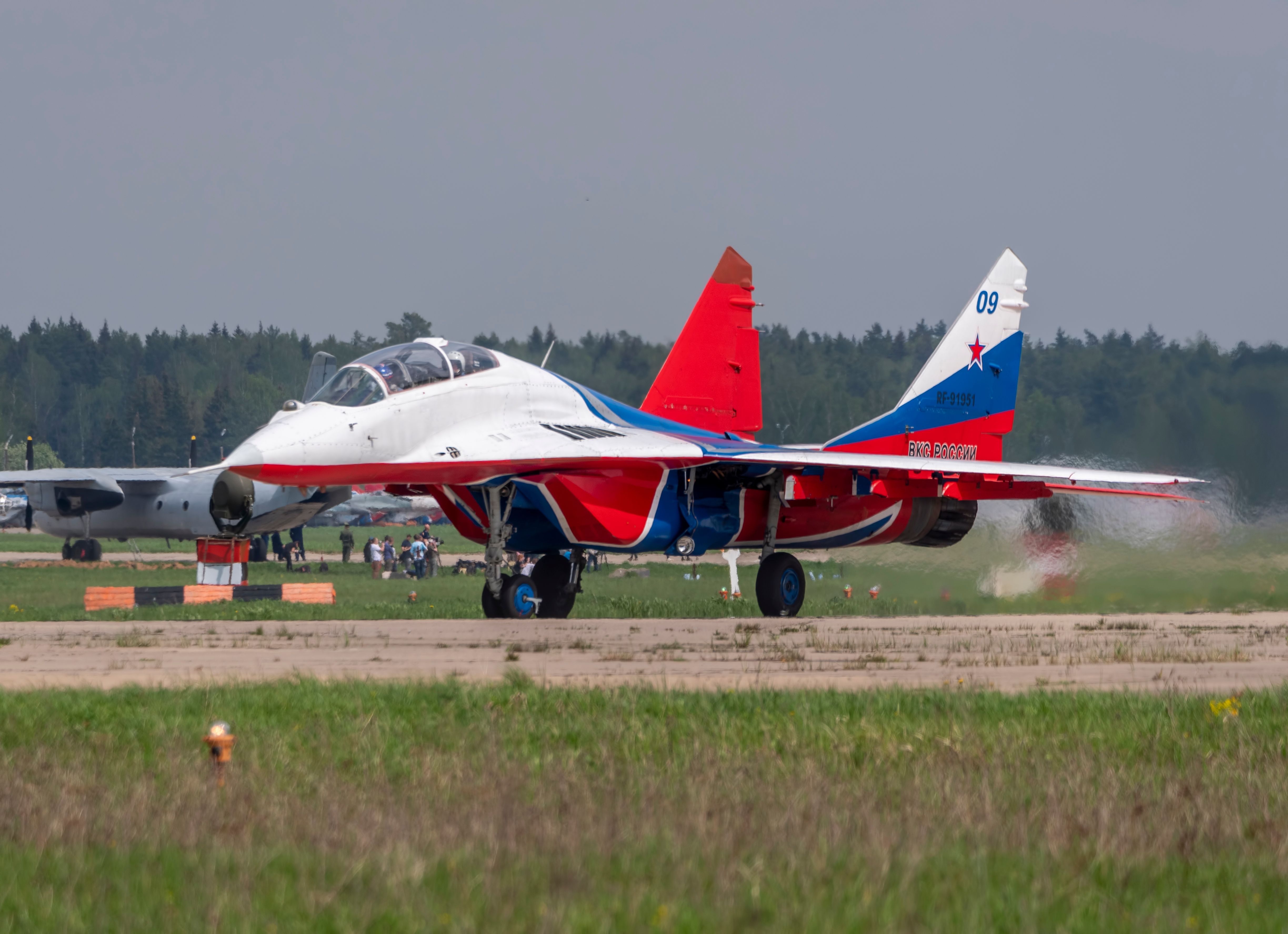 Aerobatic team swifts MiG-29 perfoming demonstration flight of the international aerospace salon MAKS-2019