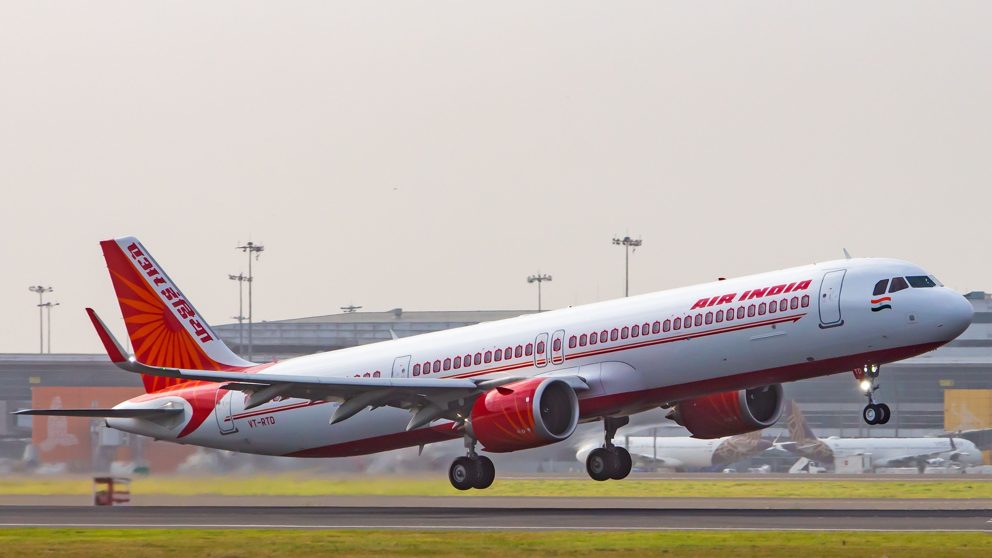 An Air India Airbus A321neo departing out of Delhi Airport.