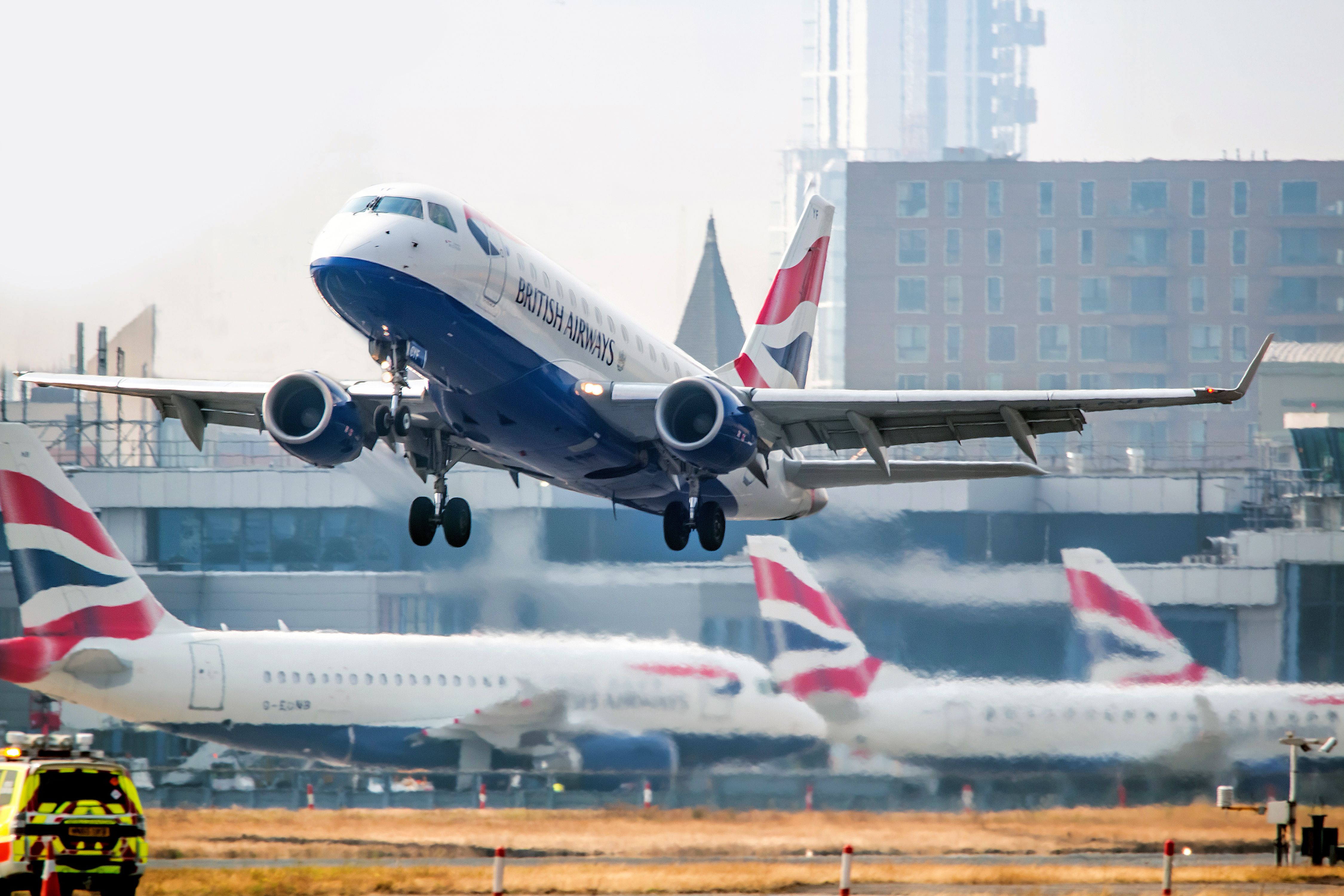 A British Airways aircraft taking off from London City Airport.