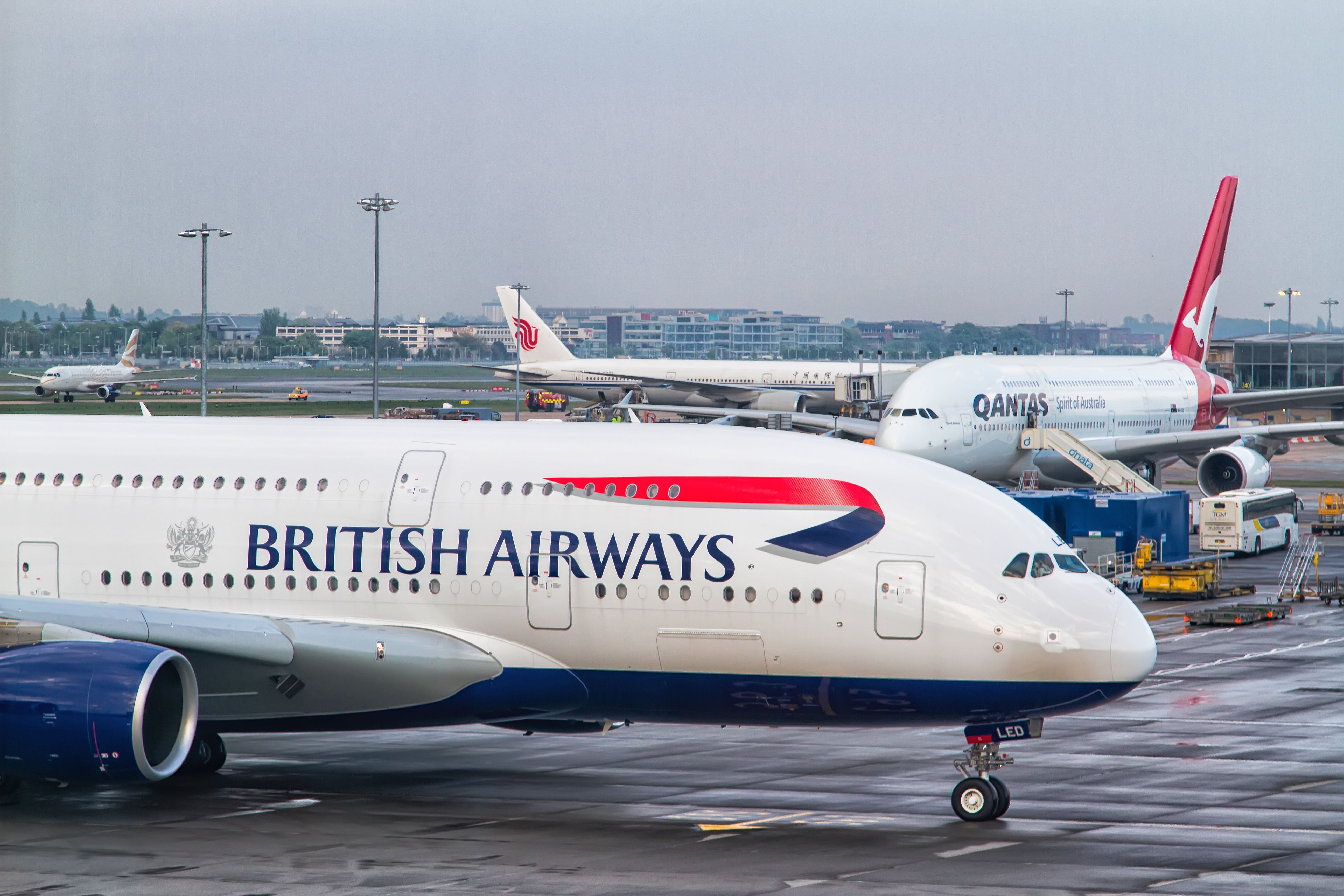 British Airways & Qantas Airbus A380s at London Heathrow Airport