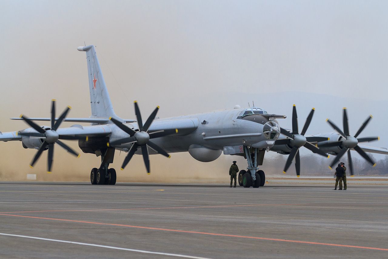 A Tupolev Tu-95 on an airfield apron.