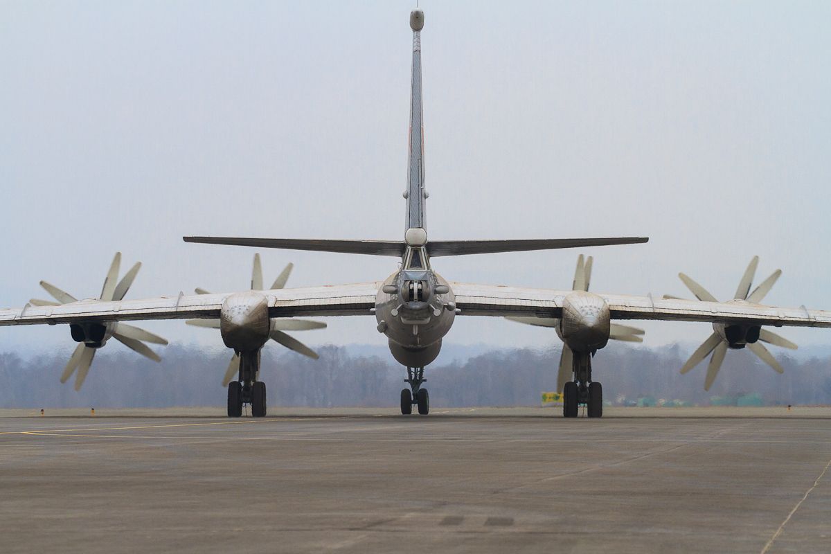 A Tupolev Tu-95 photographed from the back.