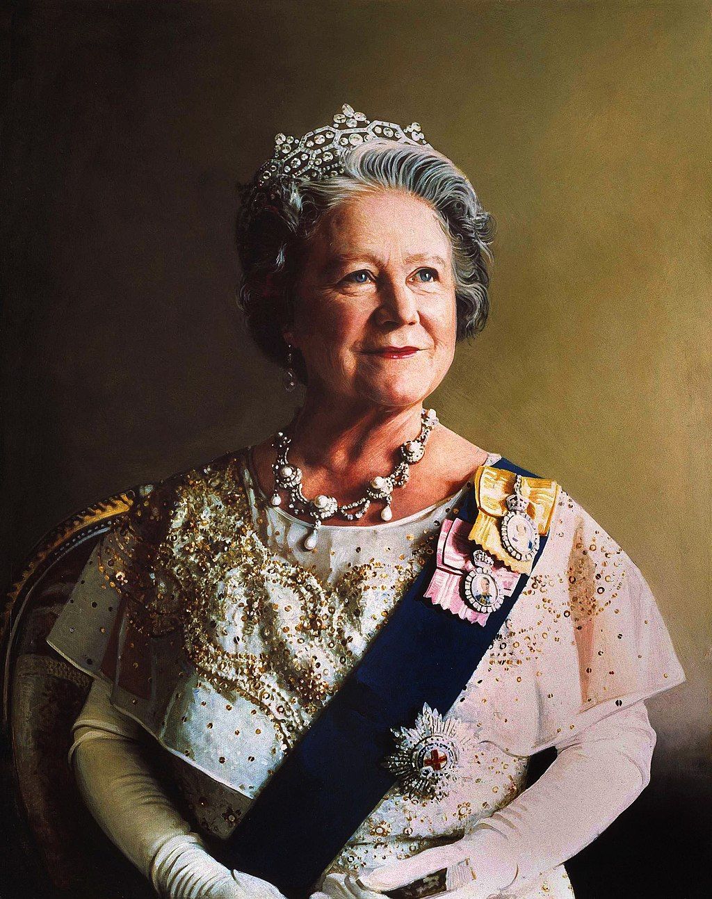 A portrait of Queen Mother Elizabeth.