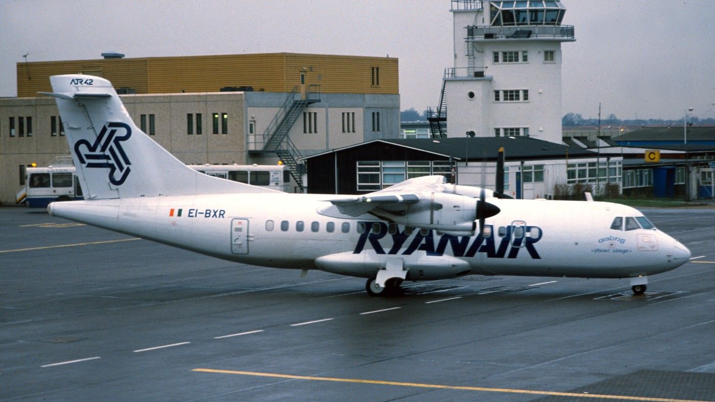 A Ryanair ATR 42 taxiing to the runway.