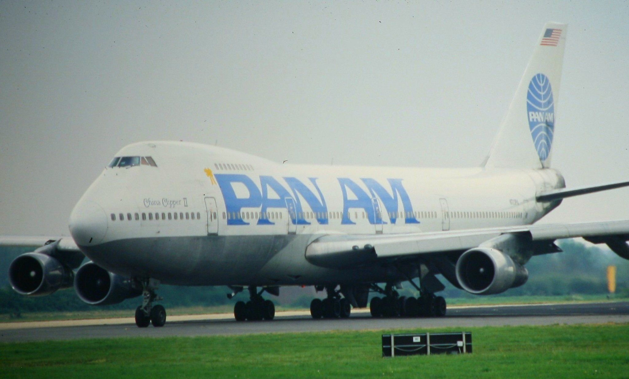 A Pan Am Boeing 747-200 taxiing to the runway.