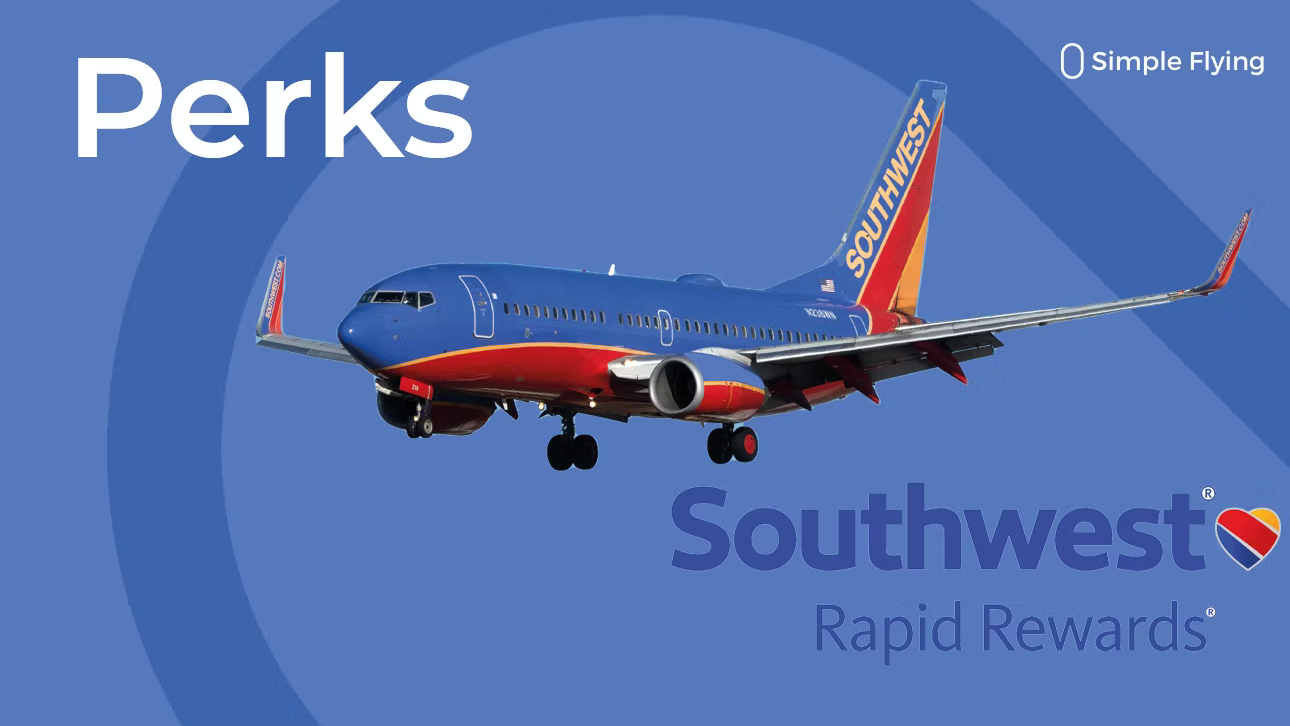 A Southwest aircraft, in between the words Perks Southwest Rapid Rewards.