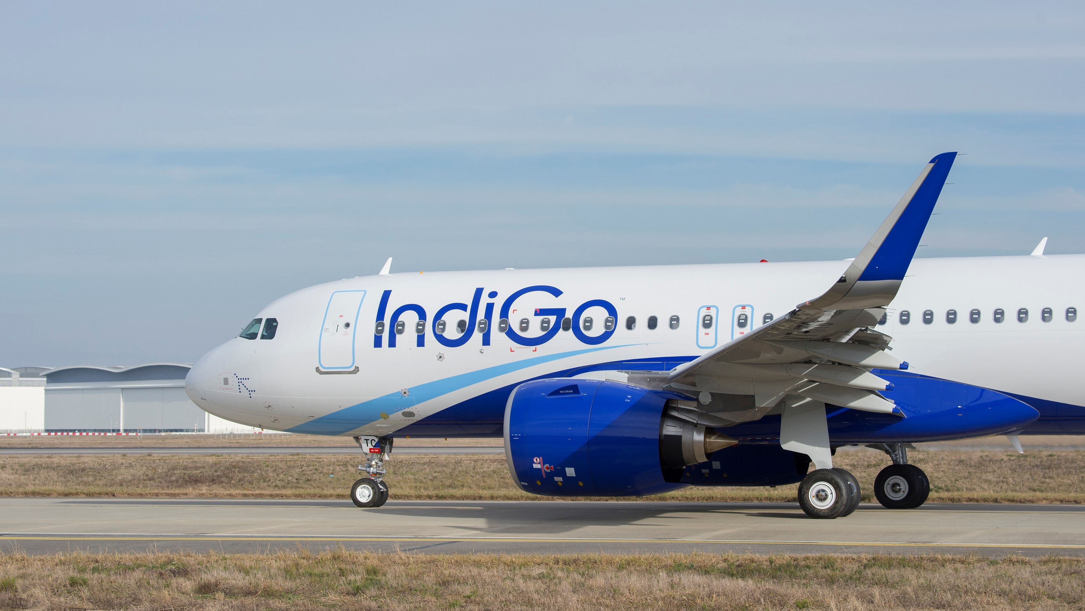 An IndiGo Airbus A320neo taxiing to the runway.
