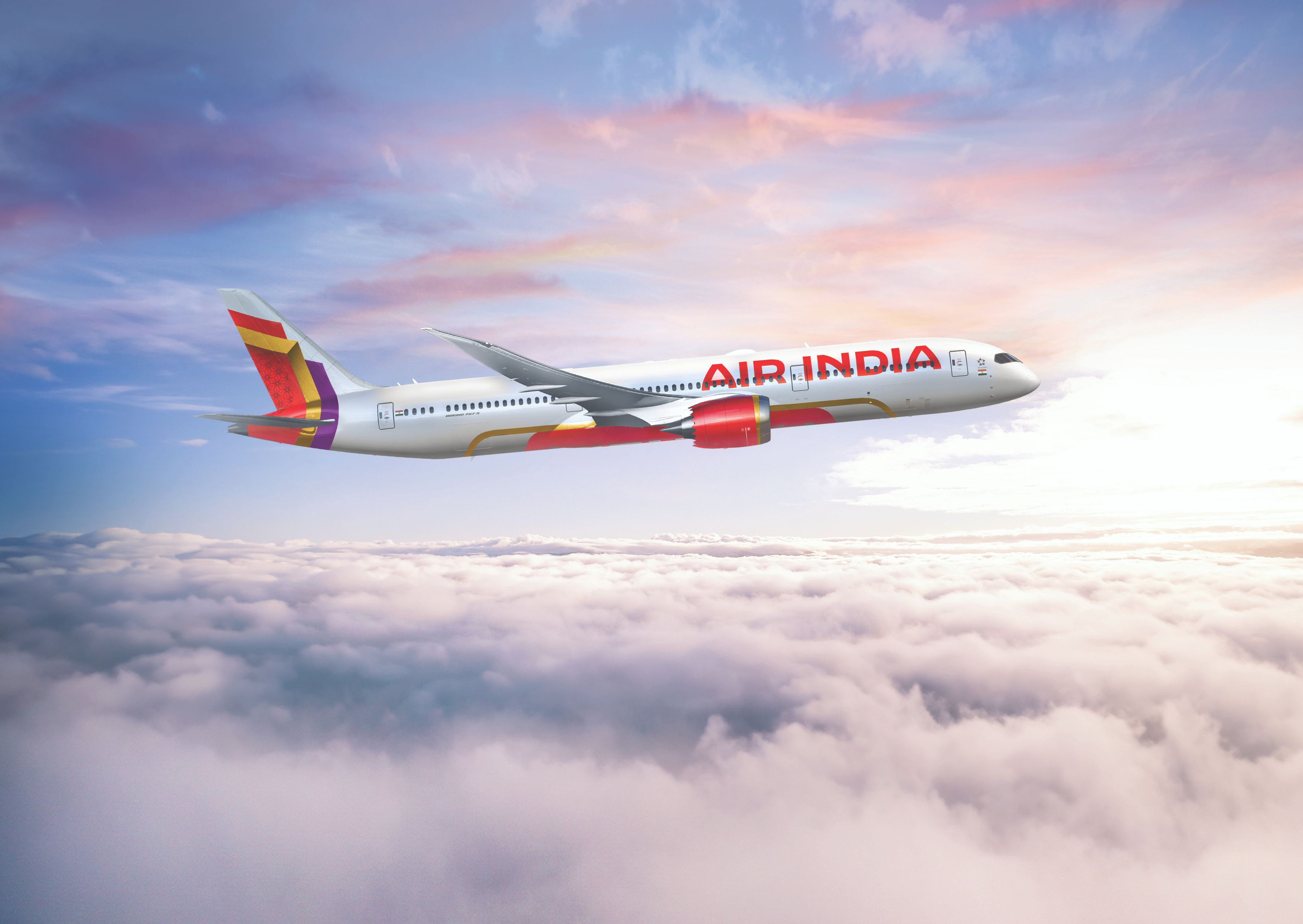 An Air India 787 in its New Livery flying above the clouds.