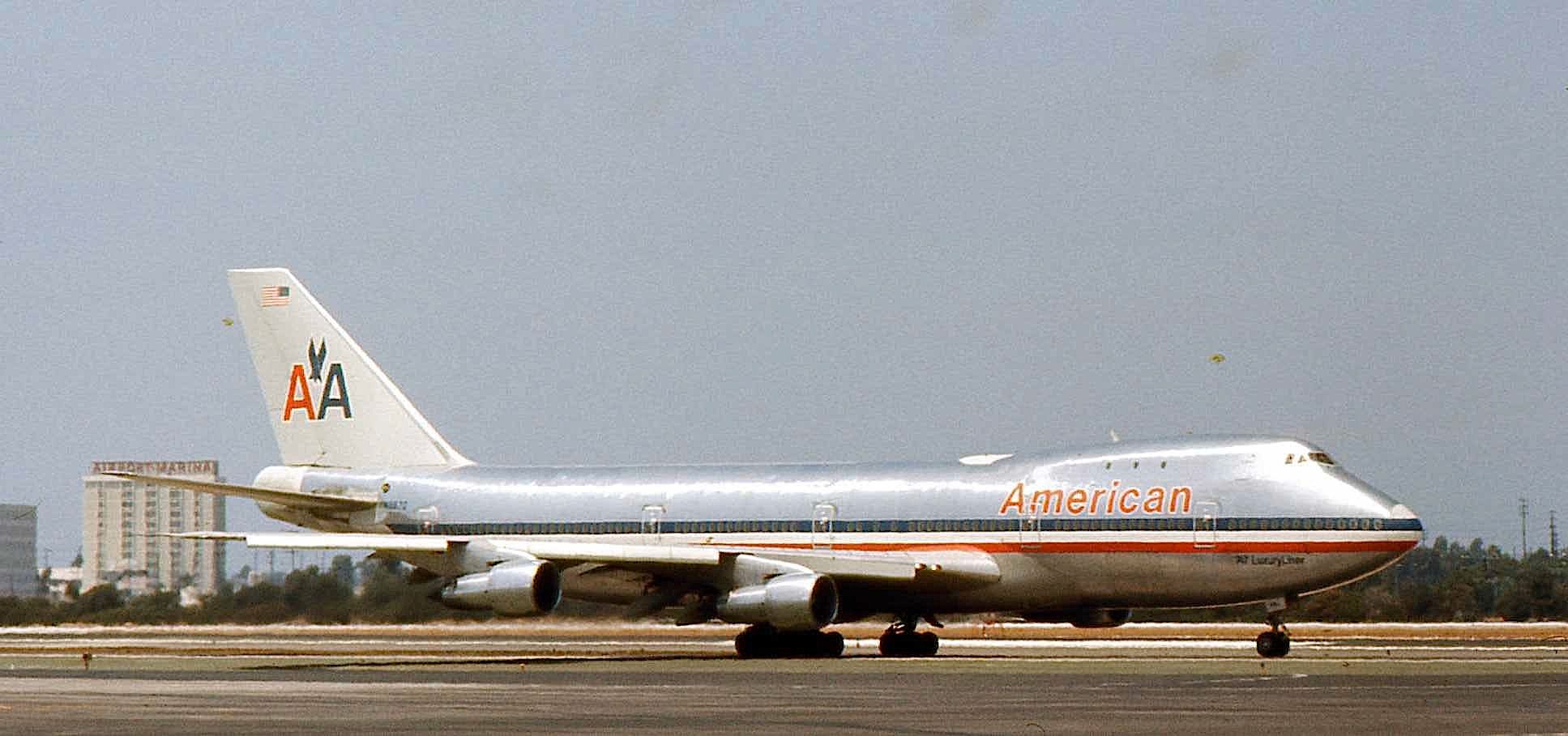 An American Airlines Boeing 747 taxiing to the runway.