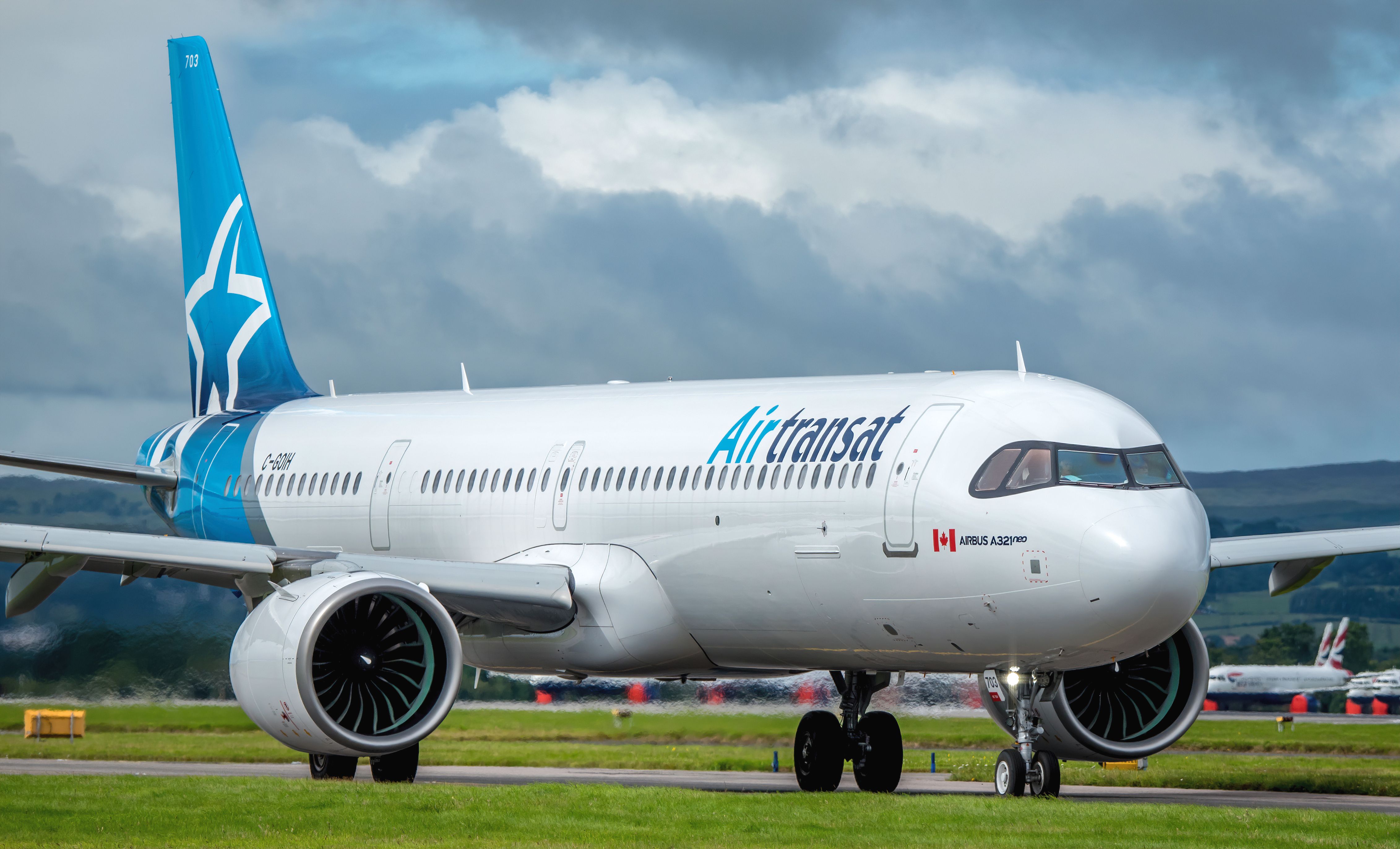 An Air Transat A321LR taxing down for take off at Glasgow 