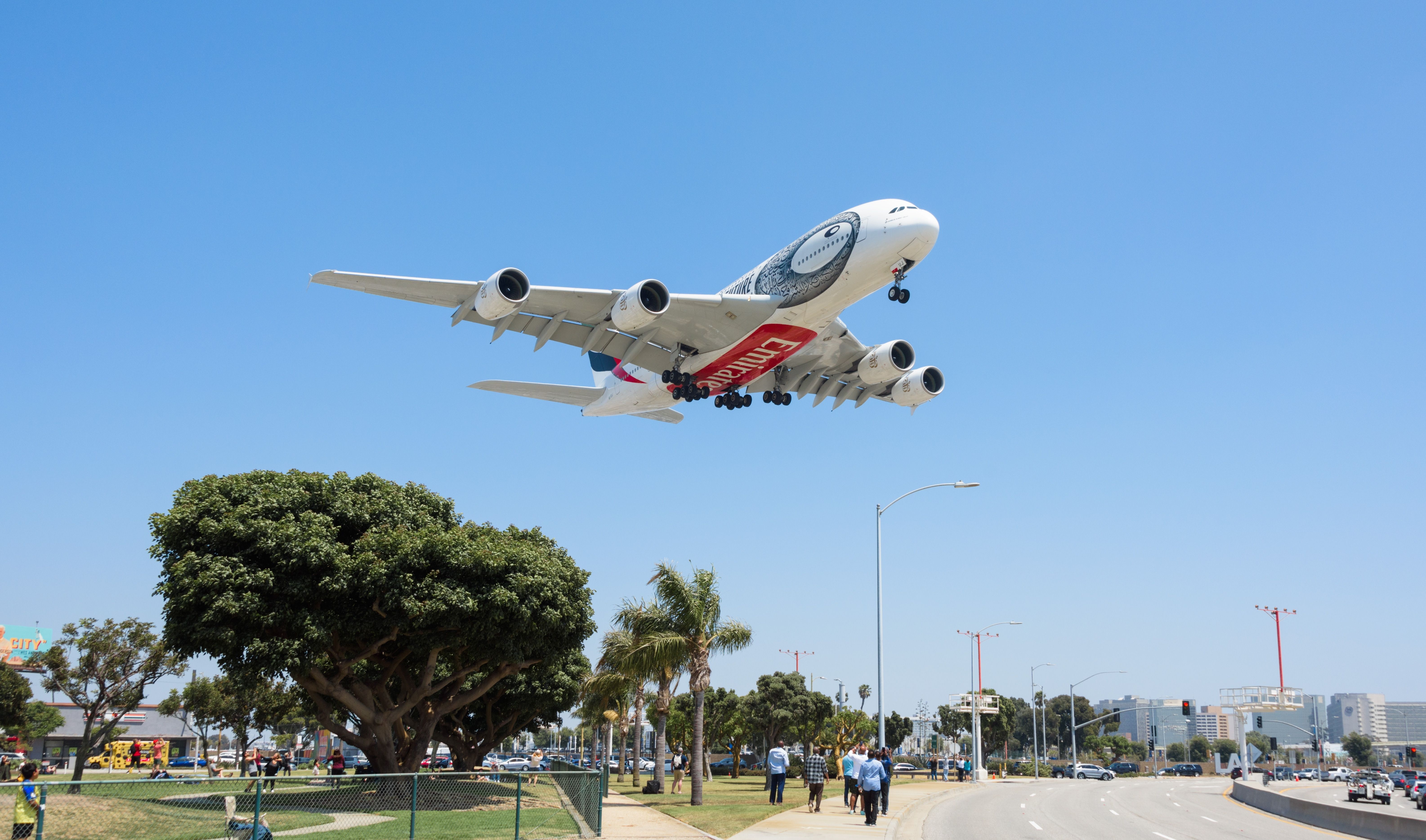 An Emirates landing at LAX Airport.