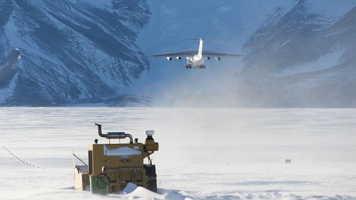 An Ilyushin Il-76 Taking Off From an Ice Runway In Antarctica.