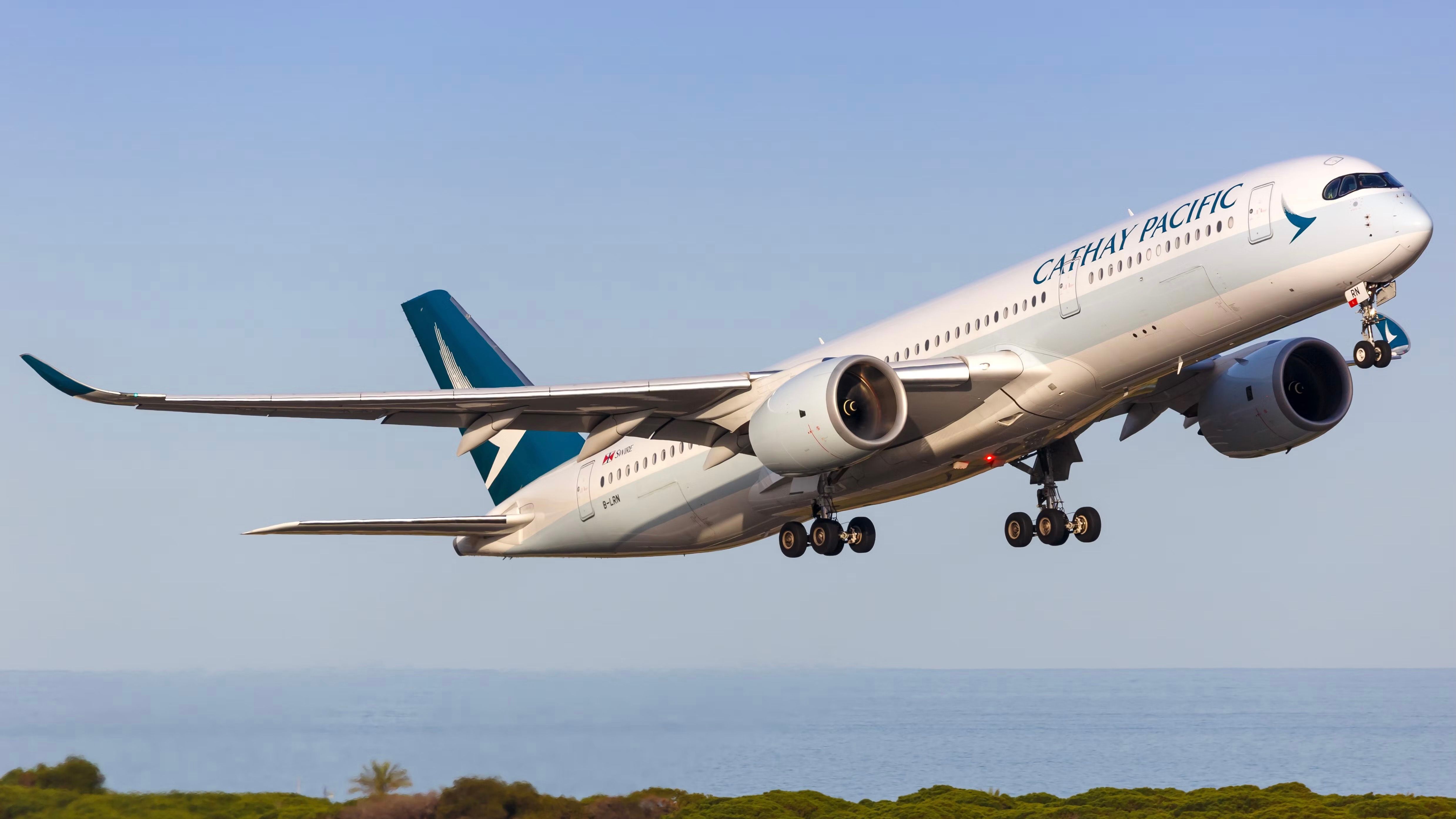 A Cathay Pacific Airbus A350 taking off.