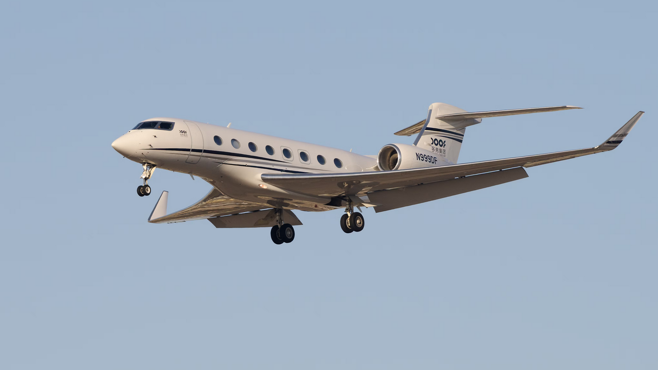 A private Gulfstream G650ER jet shown moments before landing at the Los Angeles International Airport.