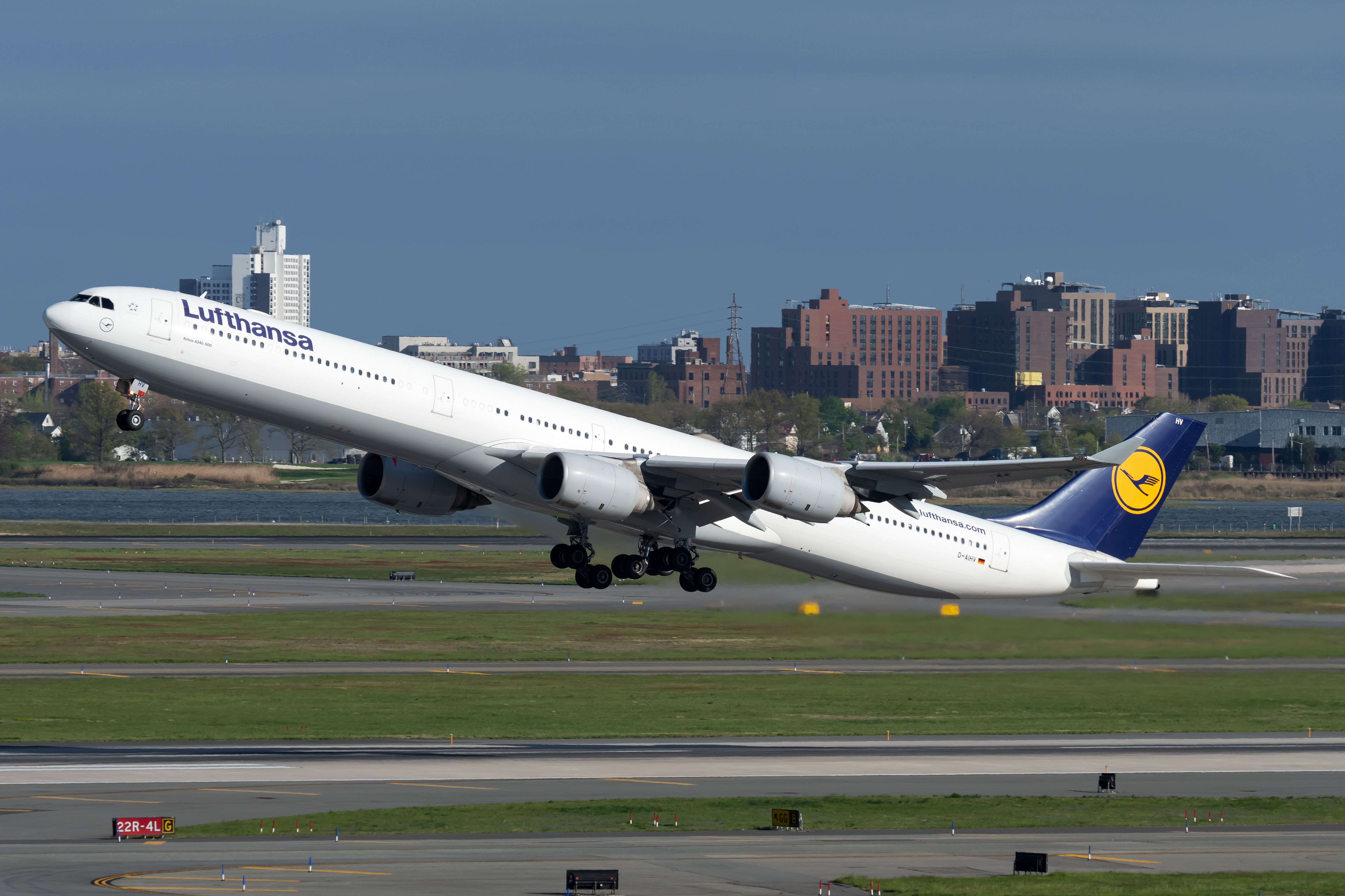 A Lufthansa Airbus A340-600 departing John F. Kennedy Int'.