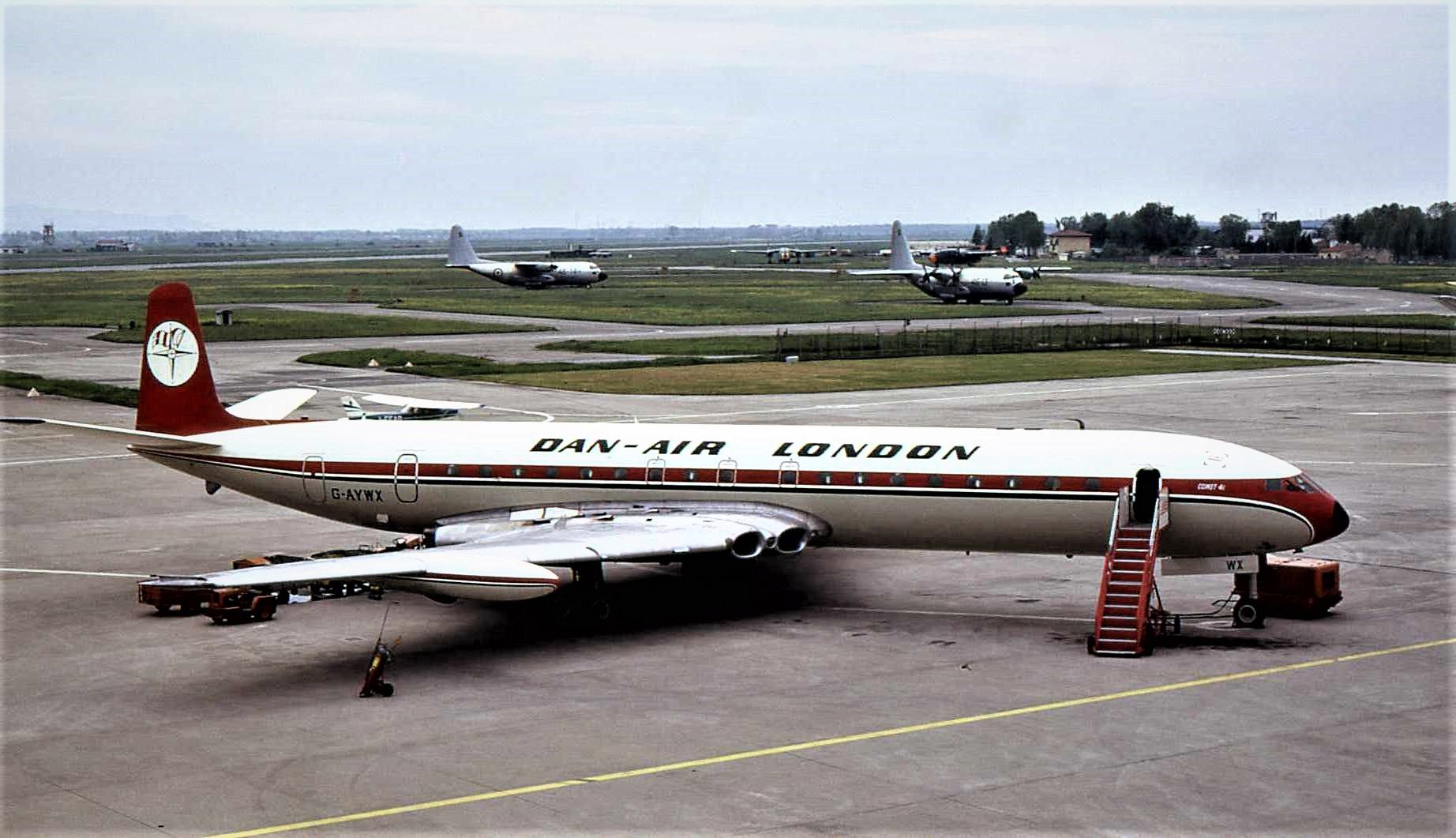 A Dan-Air de Havilland Comet parked at an airport.
