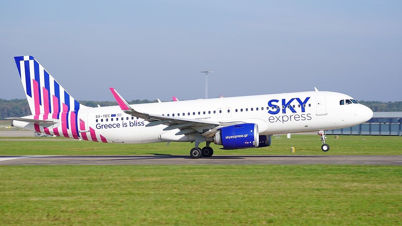 A Sky express Airbus A320 about to take off.