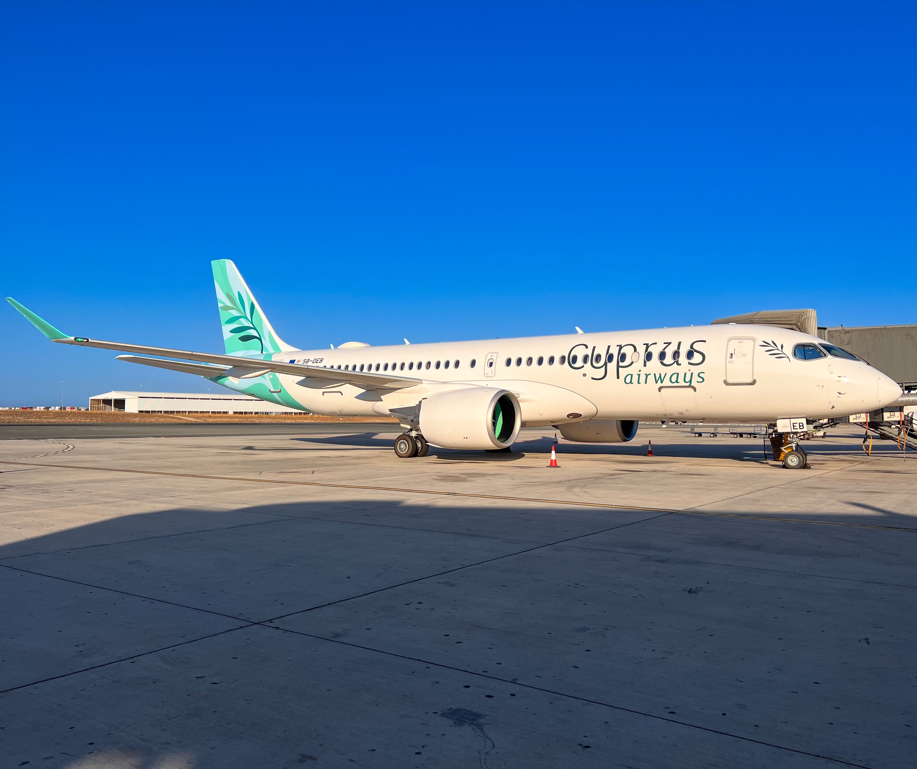 Cyprus Airways new Airbus A220 jet parked at Larnaca Airport