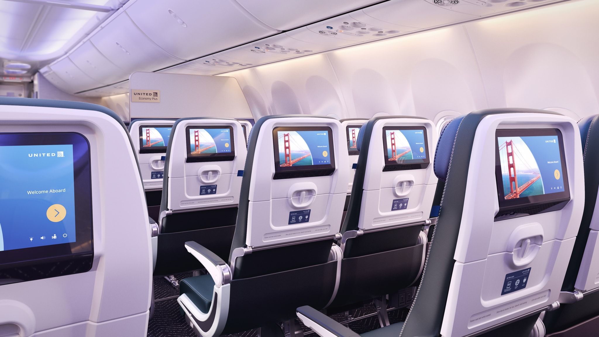 Entertainment screens installed in the seat backs in the economy cabin of an aircraft