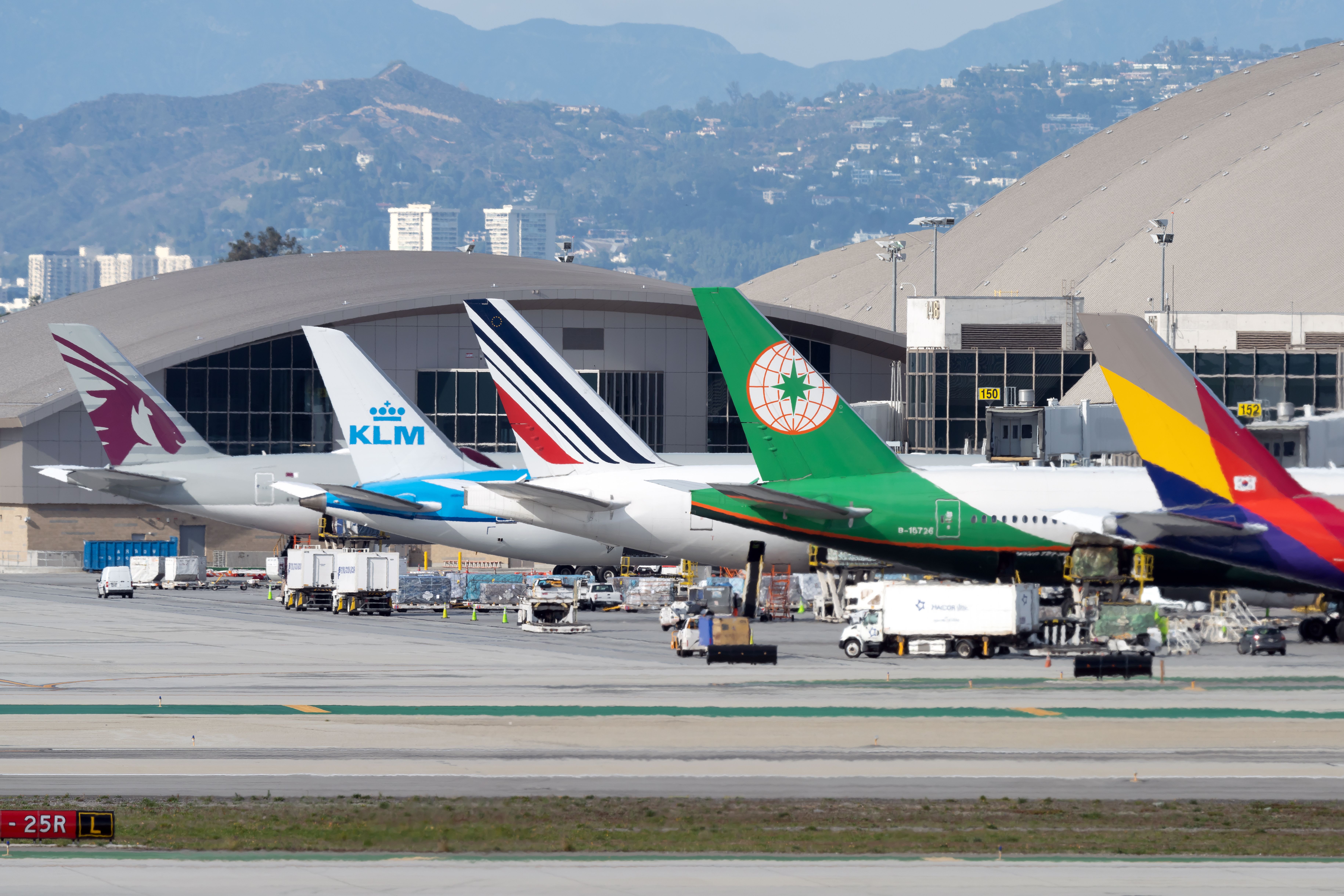 A lineup of planes from all around the globe at LAX.