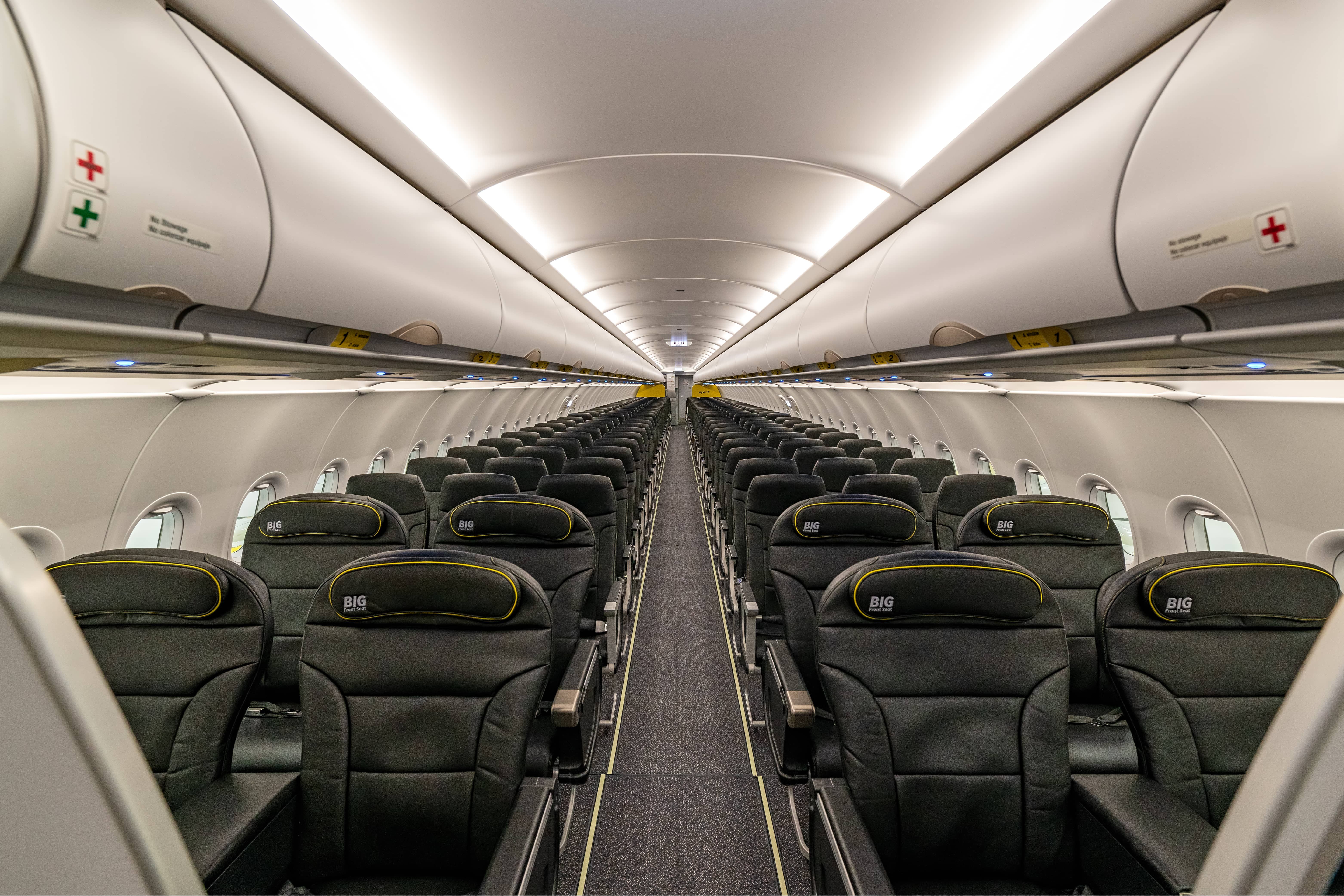 Inside the cabin of a Spirit Airlines aircraft.