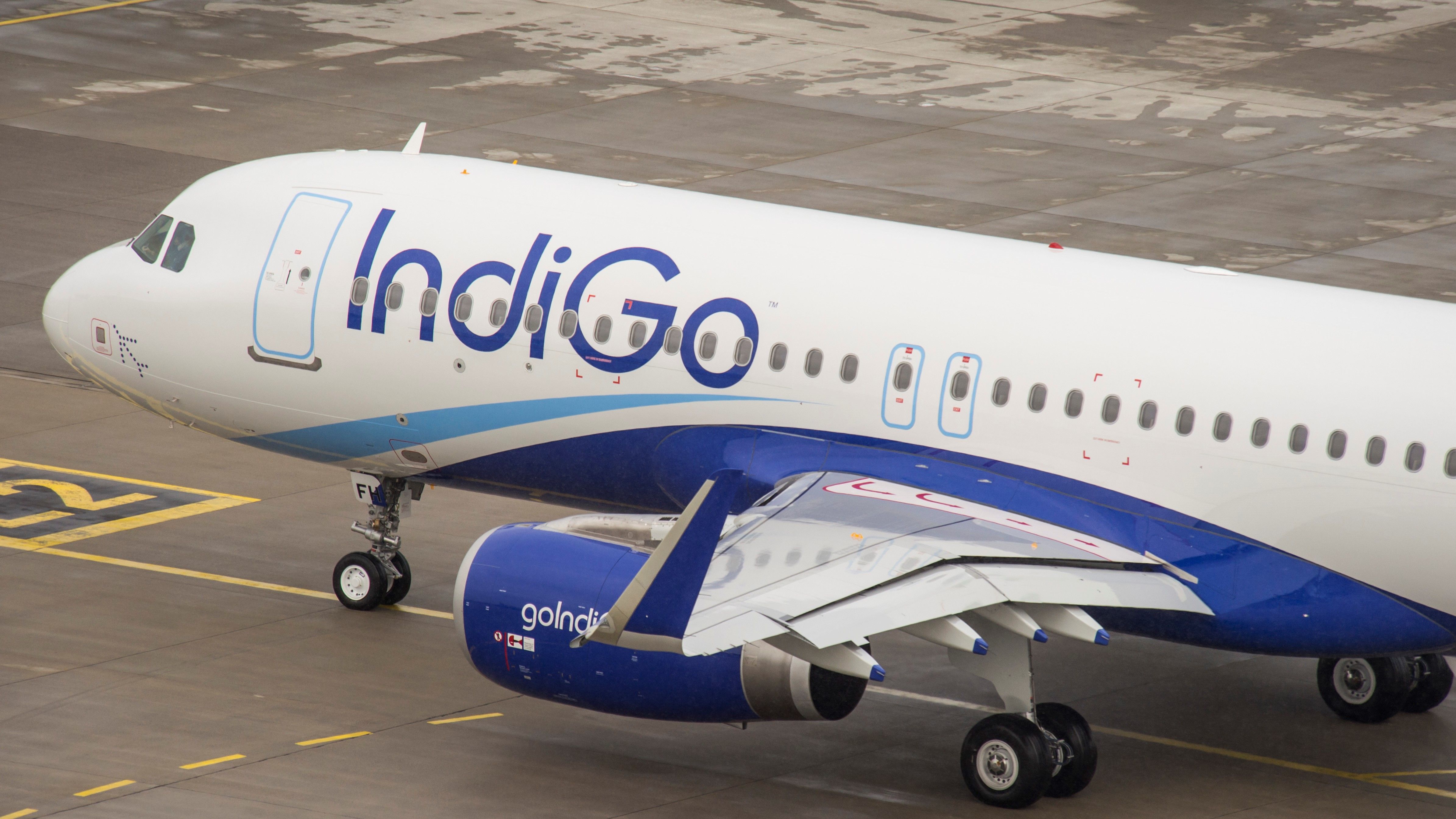 An IndiGo Airbus A320 taxiing to the runway.