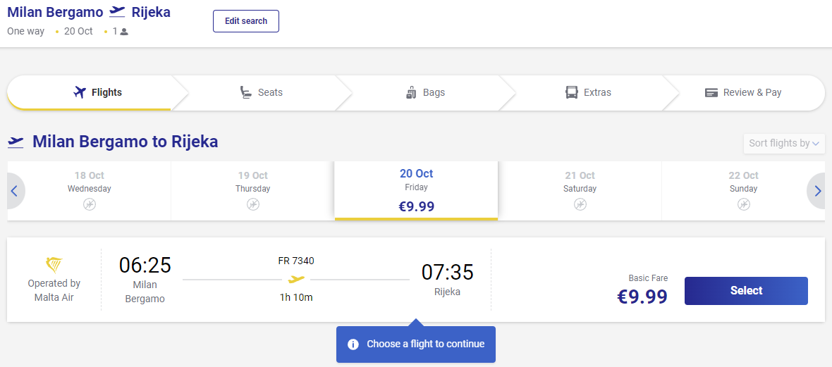 A screenshot of Ryanair's biooking site, with a 9.99 dollar flight fare.