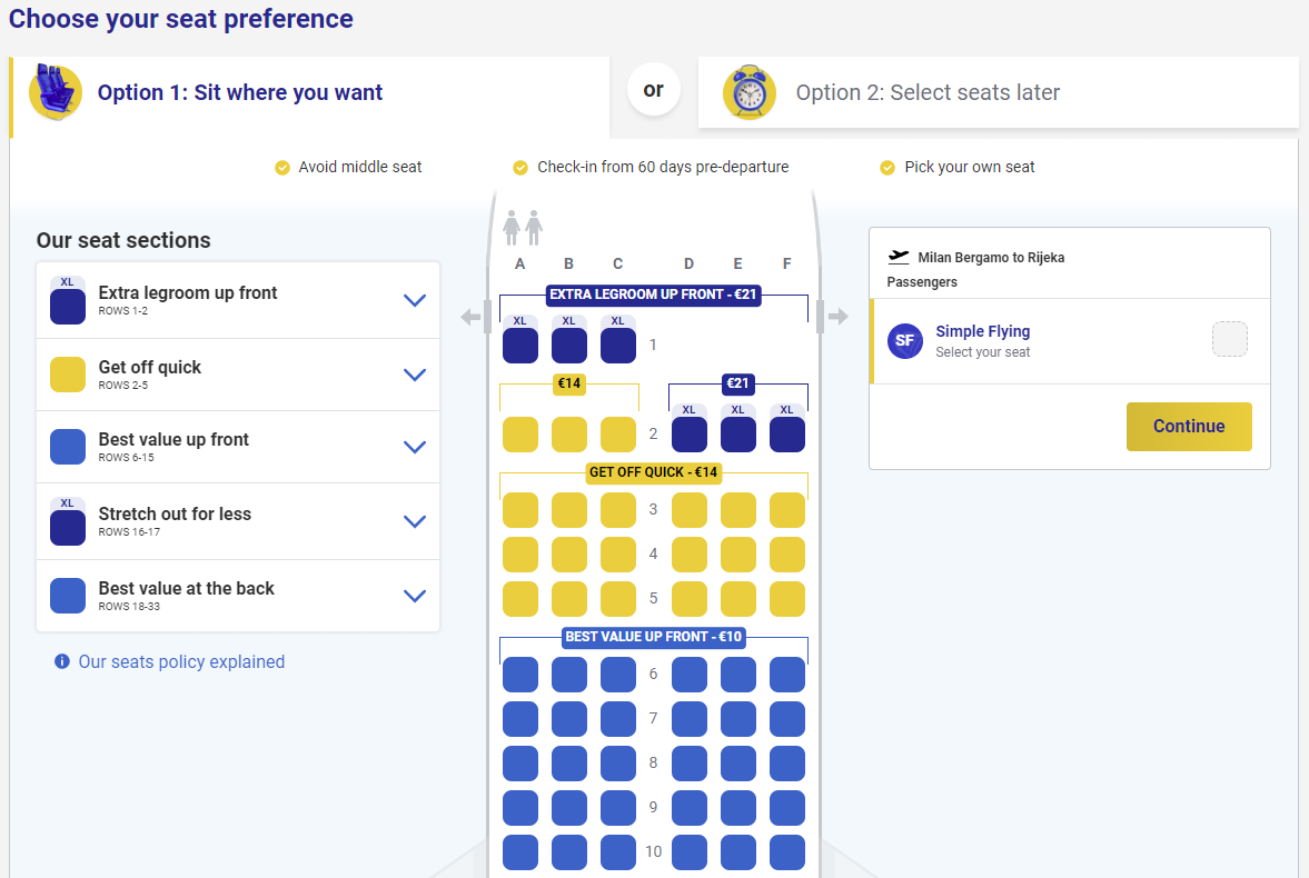A screenshot of Ryanair's Seat Selection screen.
