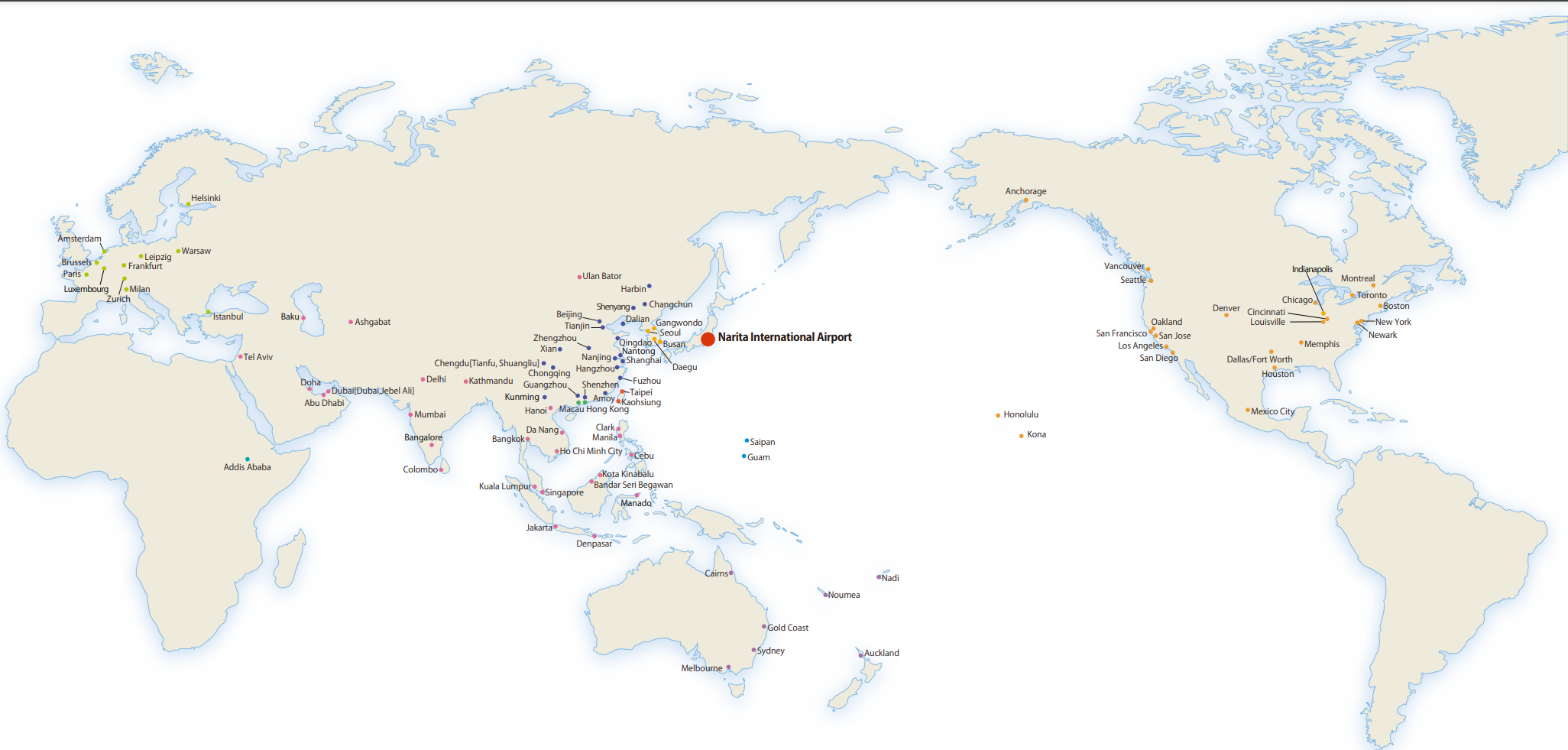 A map of destinations served out of Tokyo Narita Airport.