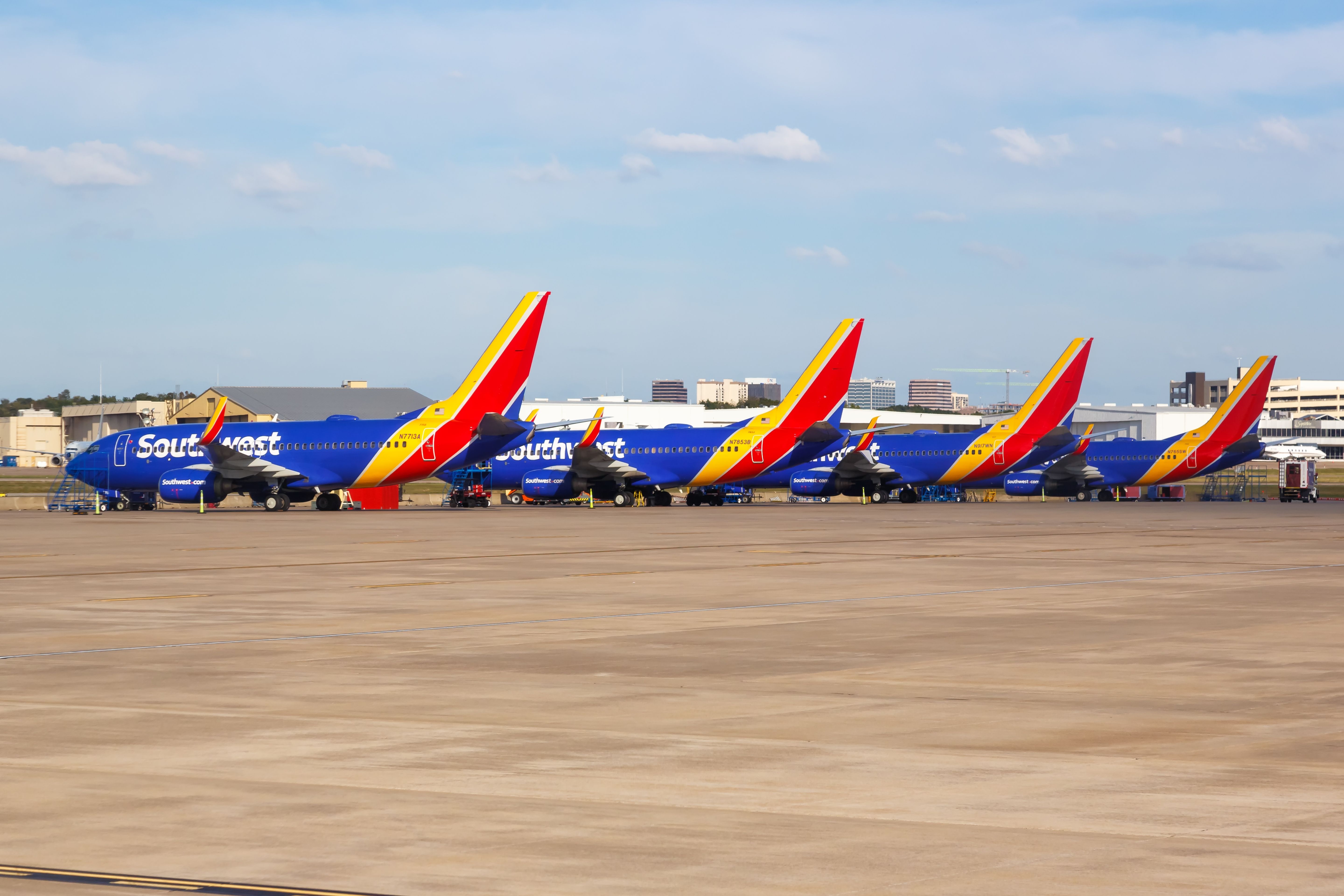 Several Southwest aircraft lined up in Dallas Love Field