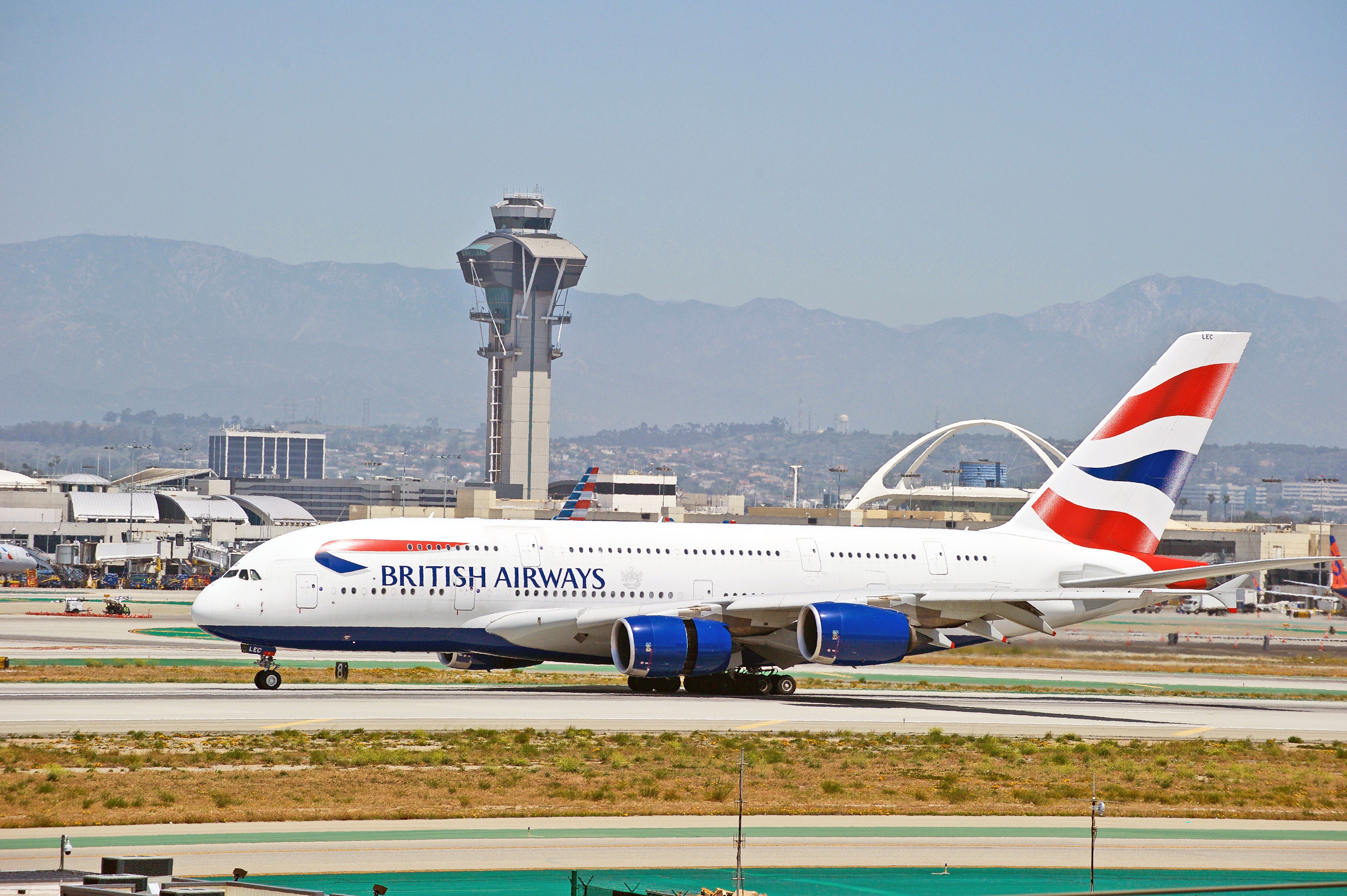 British Airways Airbus A380 aircraft taxiing along the runway upon arrival at Los Angeles International Airport.