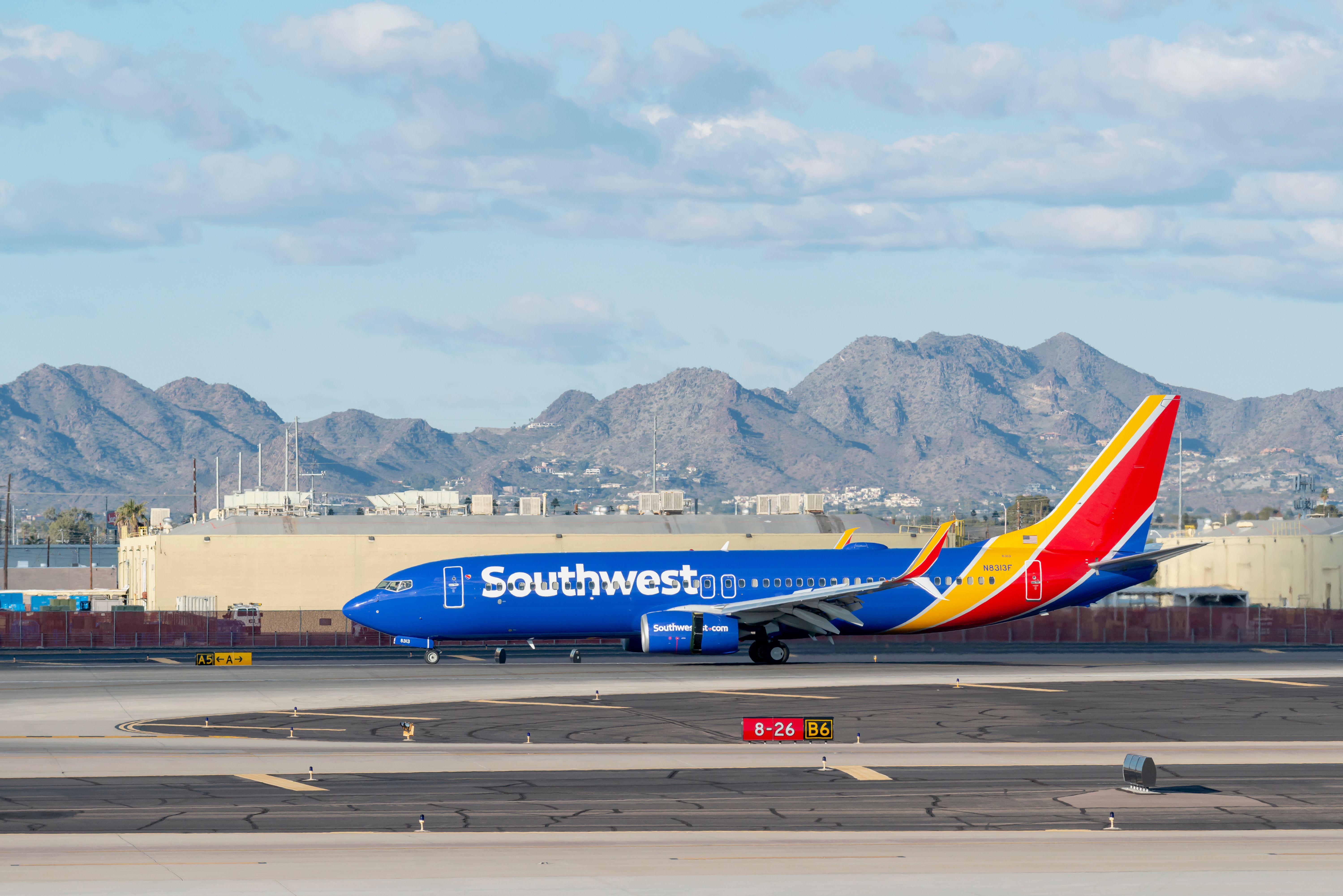 A Southwest Airlines 737 just after landing at Phoenix Sky Harbor International Airport.