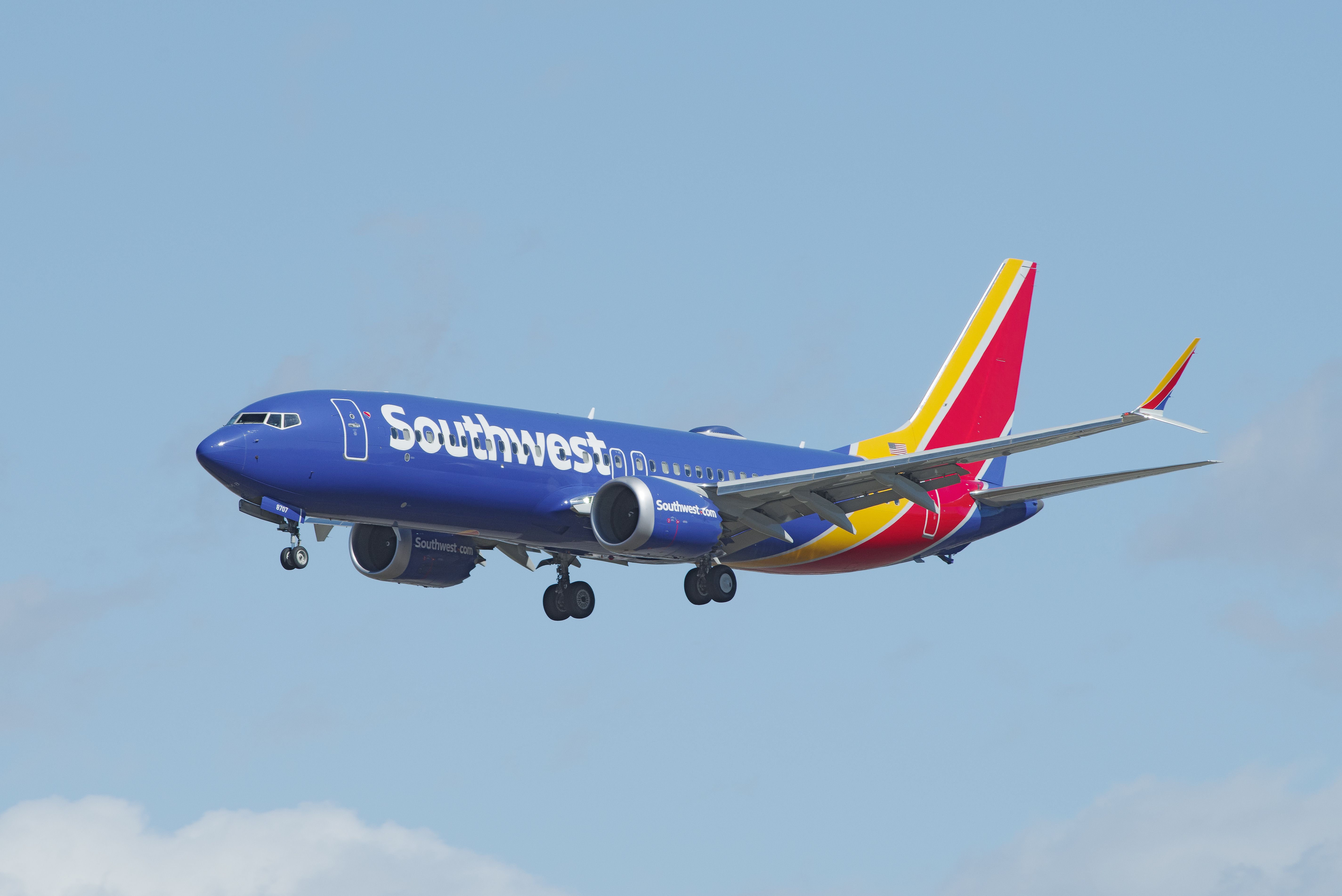 Southwest Airlines Boeing 737 MAX 8 shown moments before landing at Los Angeles International Airport.