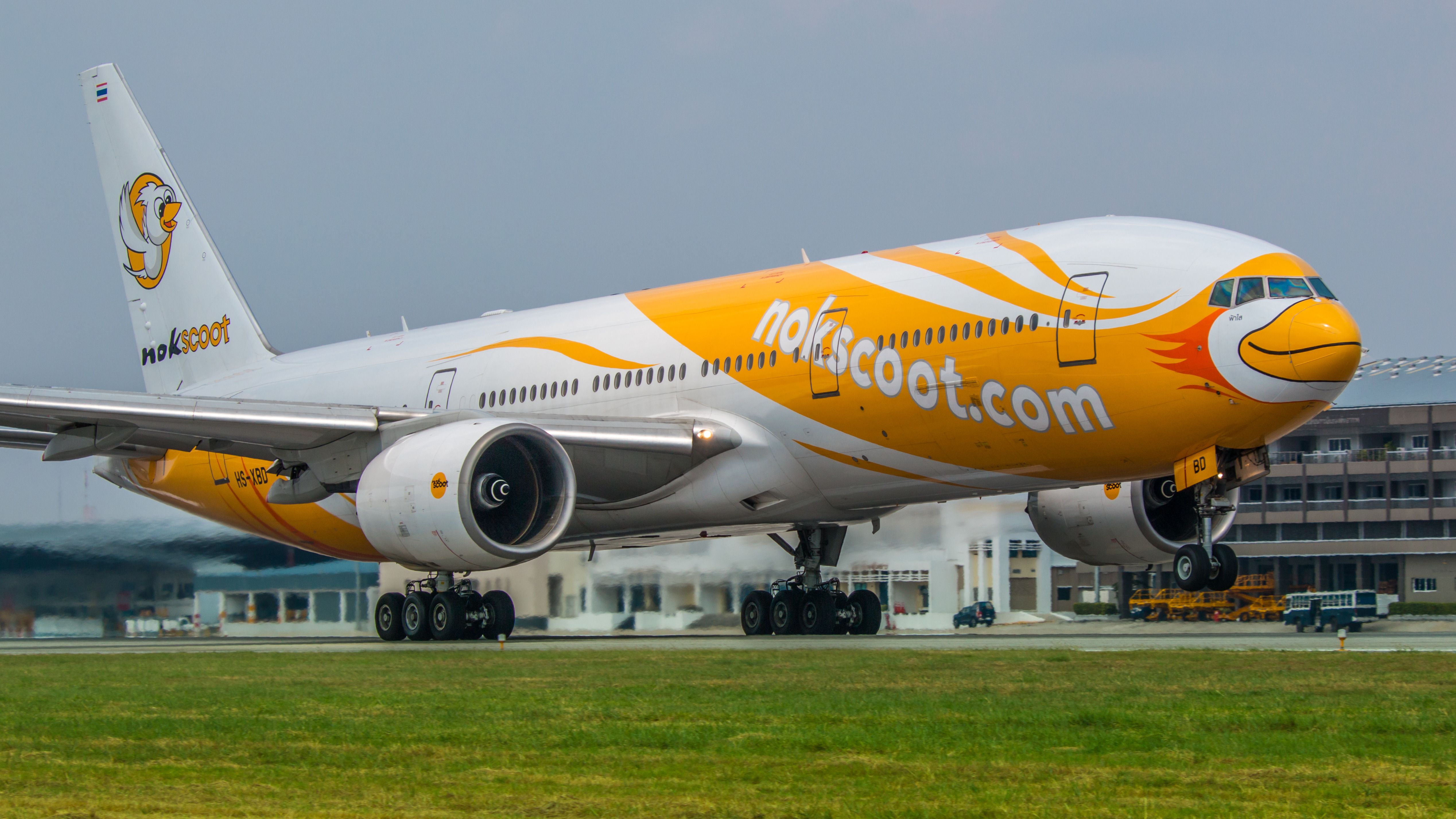 A NokScoot Boeing 777-200 taking off.
