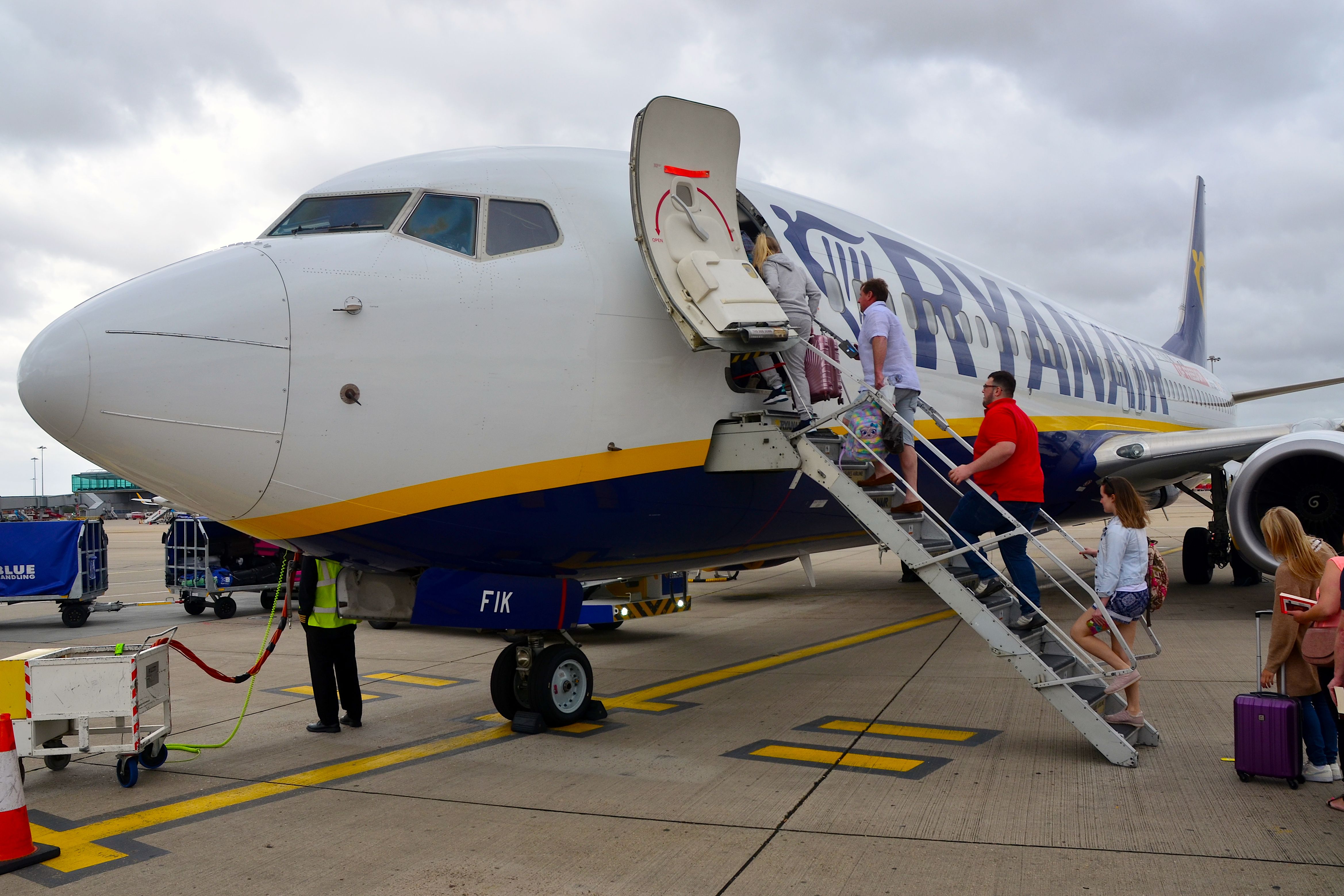A Ryanair UK plane parked at Stansted Airport.