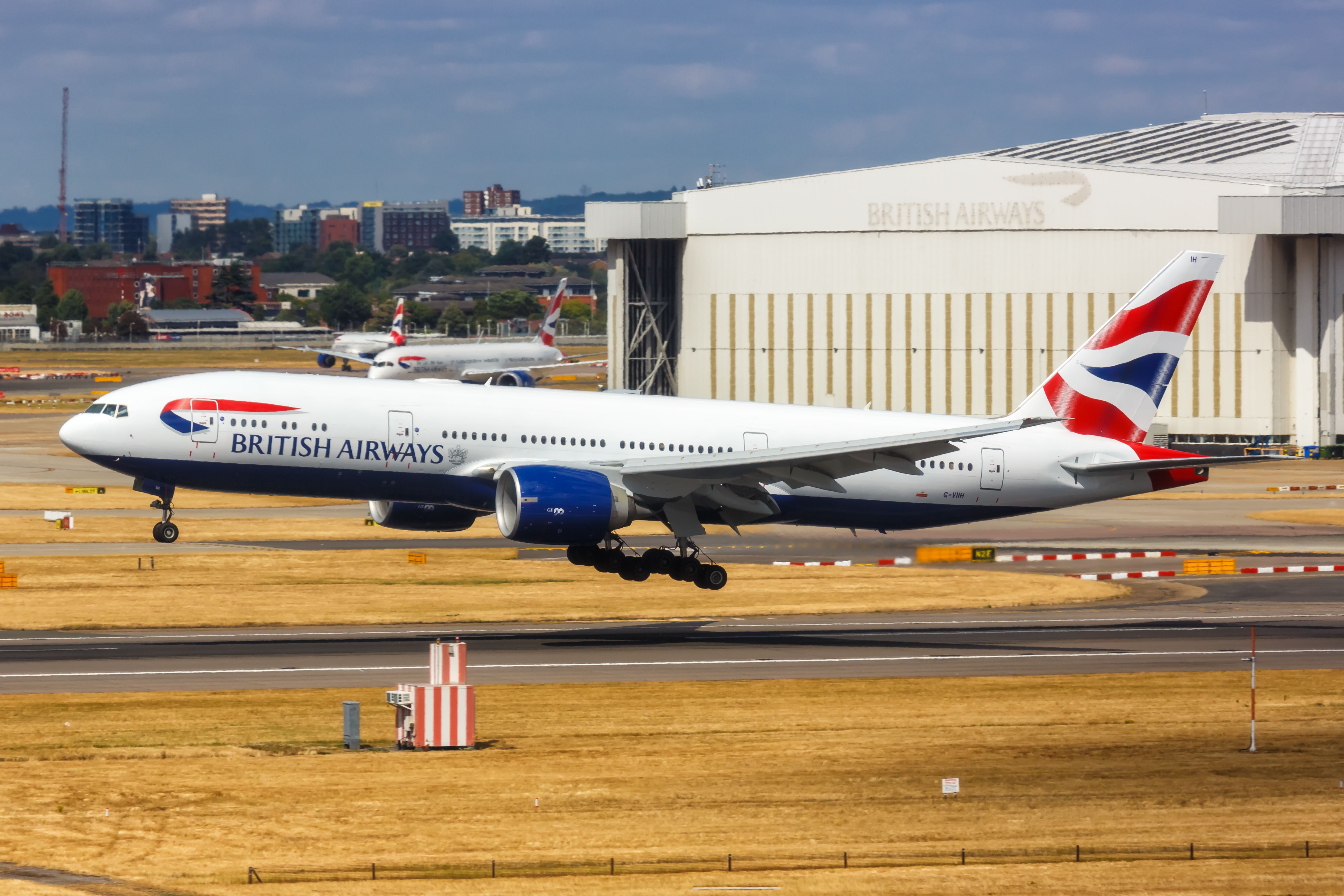 A British Airways Boeing 777-200ER Landing At London Heathrow Airport.