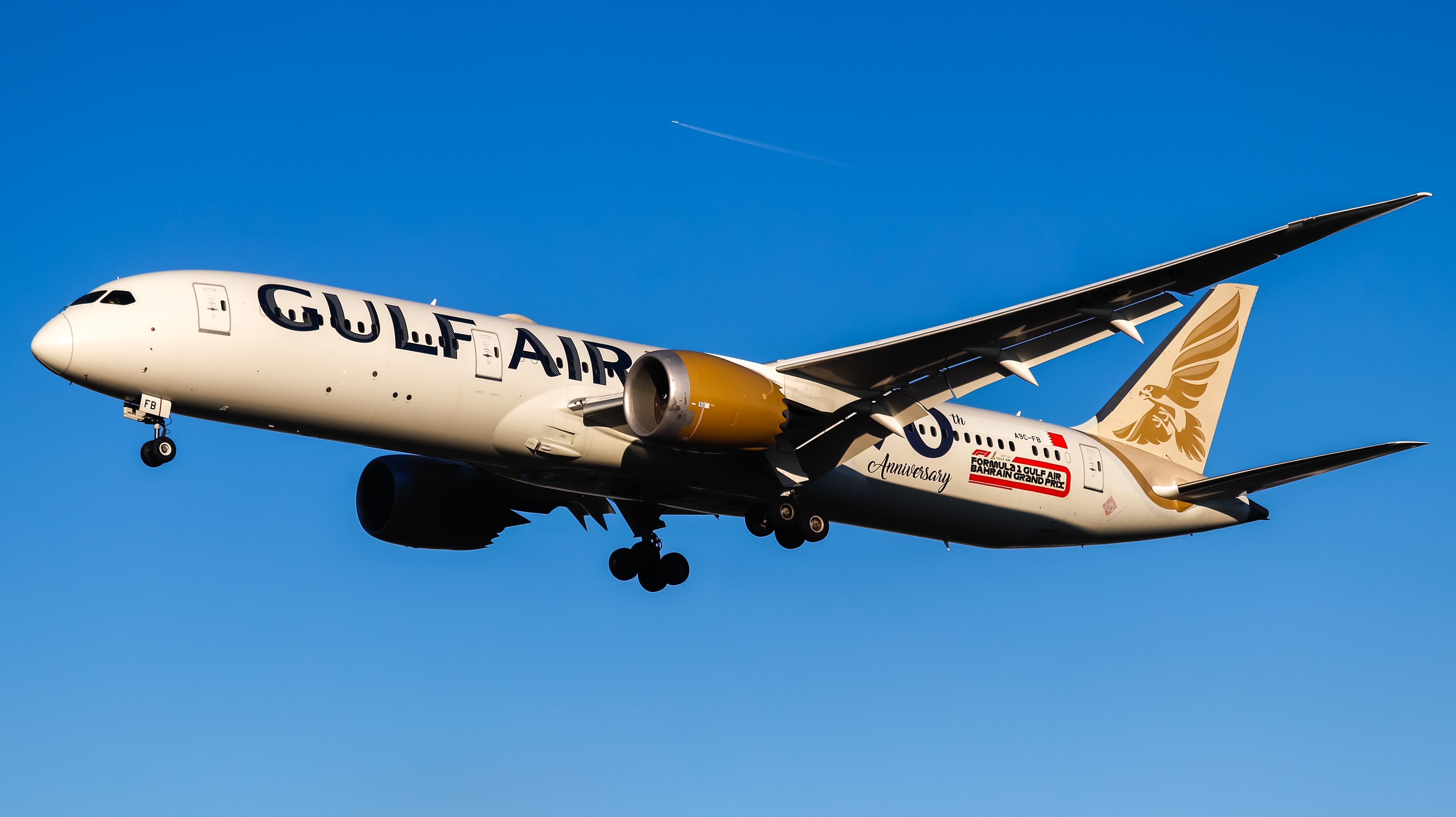 A Gulf Air Boeing 787-9 in F1 livery final approach